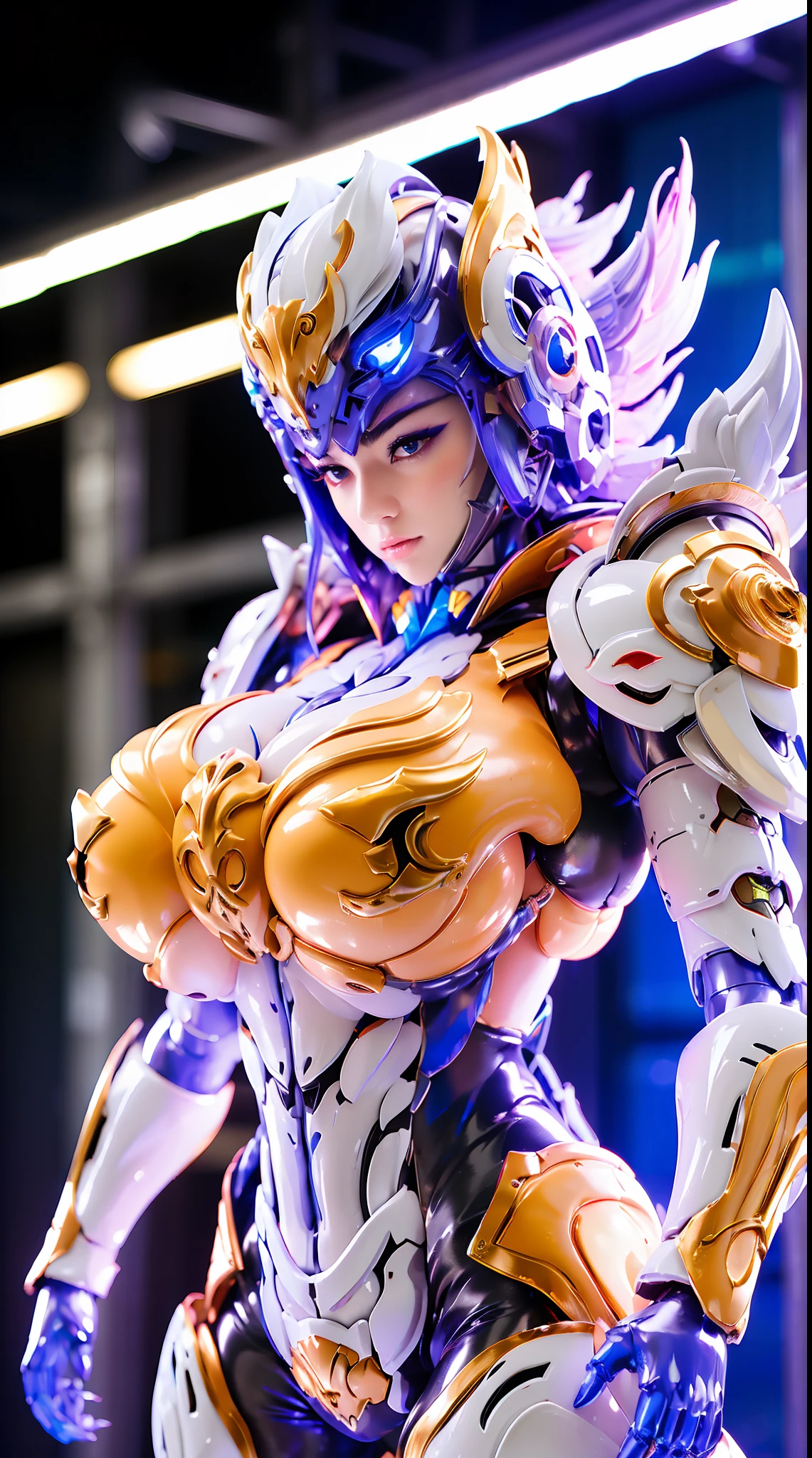 KITSUNE, (GIGANTIC BREASTS, HUGE BREASTS:1.5), RAINBOW COLORED, HETEROCHROMIA EYE, MECHA HEAVY ARMOR, TRANSPARANT, SEXY MUSCULAR FEMALE BODY, FULL BODY.