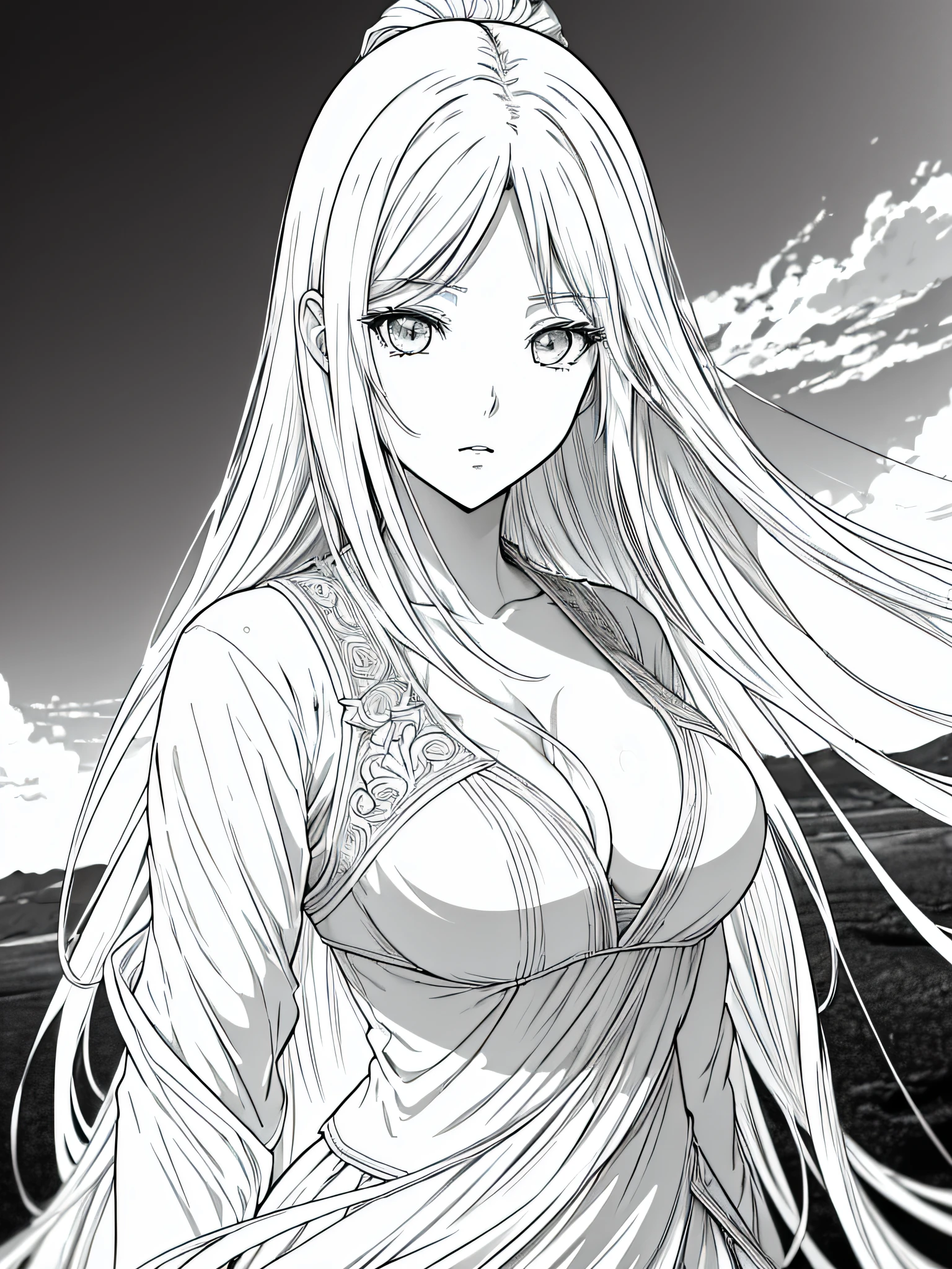 art of an anime style girl, long moving hair, realistic detailed eyes, big lips with small mouth, medium breasts, cleavage, beauty, beautiful, full white background, manga, full black and white, {CG unit wallpaper of 16k extremely detailed}, expansive landscape photography, (a low view focusing on the character and setting), (wide open field view), (low angle shot), (high light: 1.5), (low light: 1.5), (low light: 1.2), (warm light source: 1.0), complex details, (iridescent colors: 1.0), (bright lighting), (atmospheric lighting), dreamy, aesthetic, manga