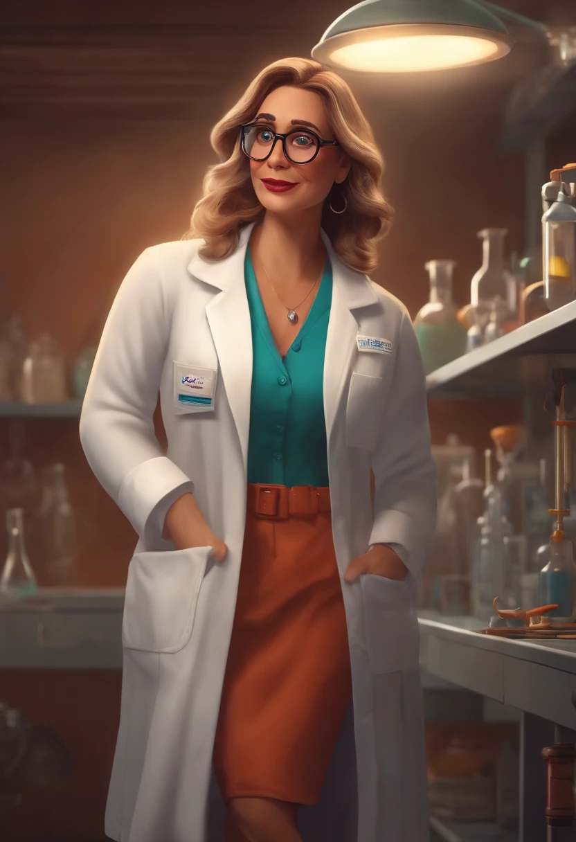 Create a pixar-style character inside a lab coat, mulher, 40 anos, com oculos