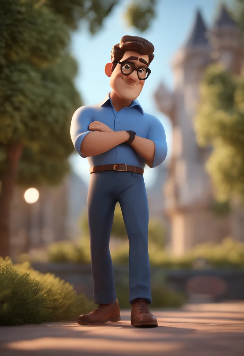 Cartoon character of a man with black glasses and a blue shirt, animation character, Caractere estilizado, animation style rendering, 3D estilizado, Arnold Maya render, 3 d render stylized, toon render keyshot, Personagem 3D, Personagem 3D, 3d rendering stylized, 3 d character render, personagem de desenho animado, Personagem de close up, Pose de personagem, (Estilo Pixar) (master part:1.2) (Bokeh) (best quality) (pele detalhada) (textura detalhada) (8k) (argila) (Cinematic lighting) (foco nítido