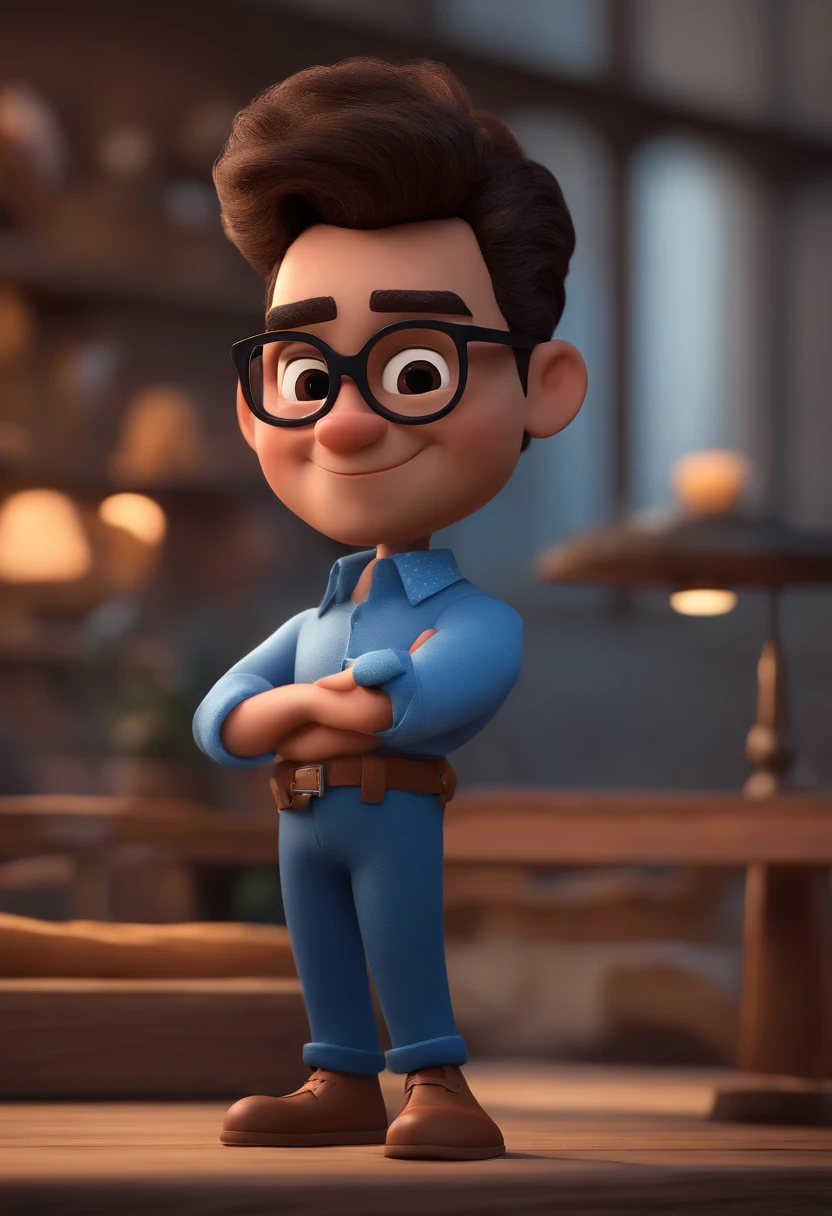 Cartoon character of a man with black glasses and a blue shirt, animation character, Caractere estilizado, animation style rendering, 3D estilizado, Arnold Maya render, 3 d render stylized, toon render keyshot, Personagem 3D, Personagem 3D, 3d rendering stylized, 3 d character render, personagem de desenho animado, Personagem de close up, Pose de personagem,  (Estilo Pixar) (master part:1.2) (Bokeh) (best quality) (pele detalhada) (textura detalhada) (8k) (argila) (Cinematic lighting) (foco nítido