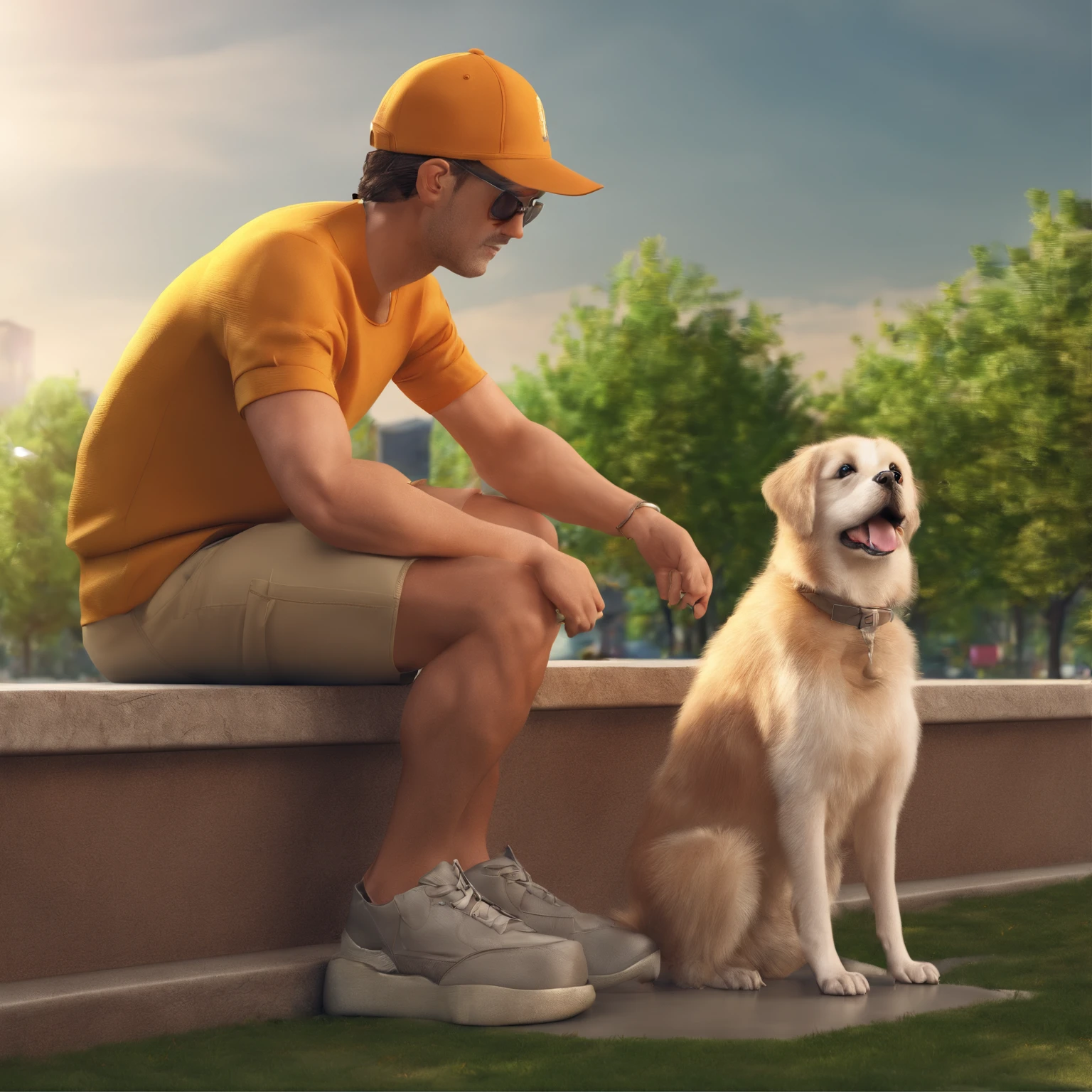 Adult in cap with his brown Shitzu dog sitting on a wall in a park