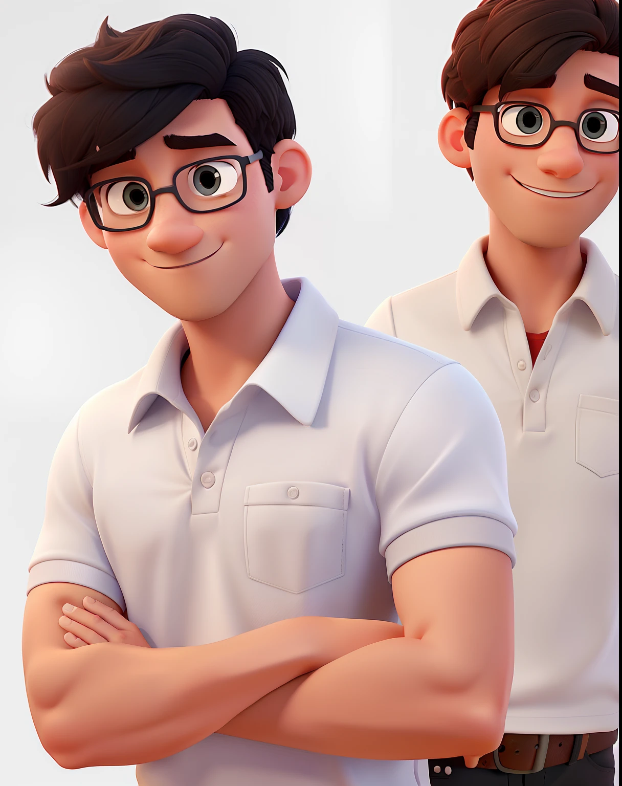 make a Pixar styled 3d man with short black hair and light skin, wearing a white polo shirt in 3 different pose, isolated, in white background, man character