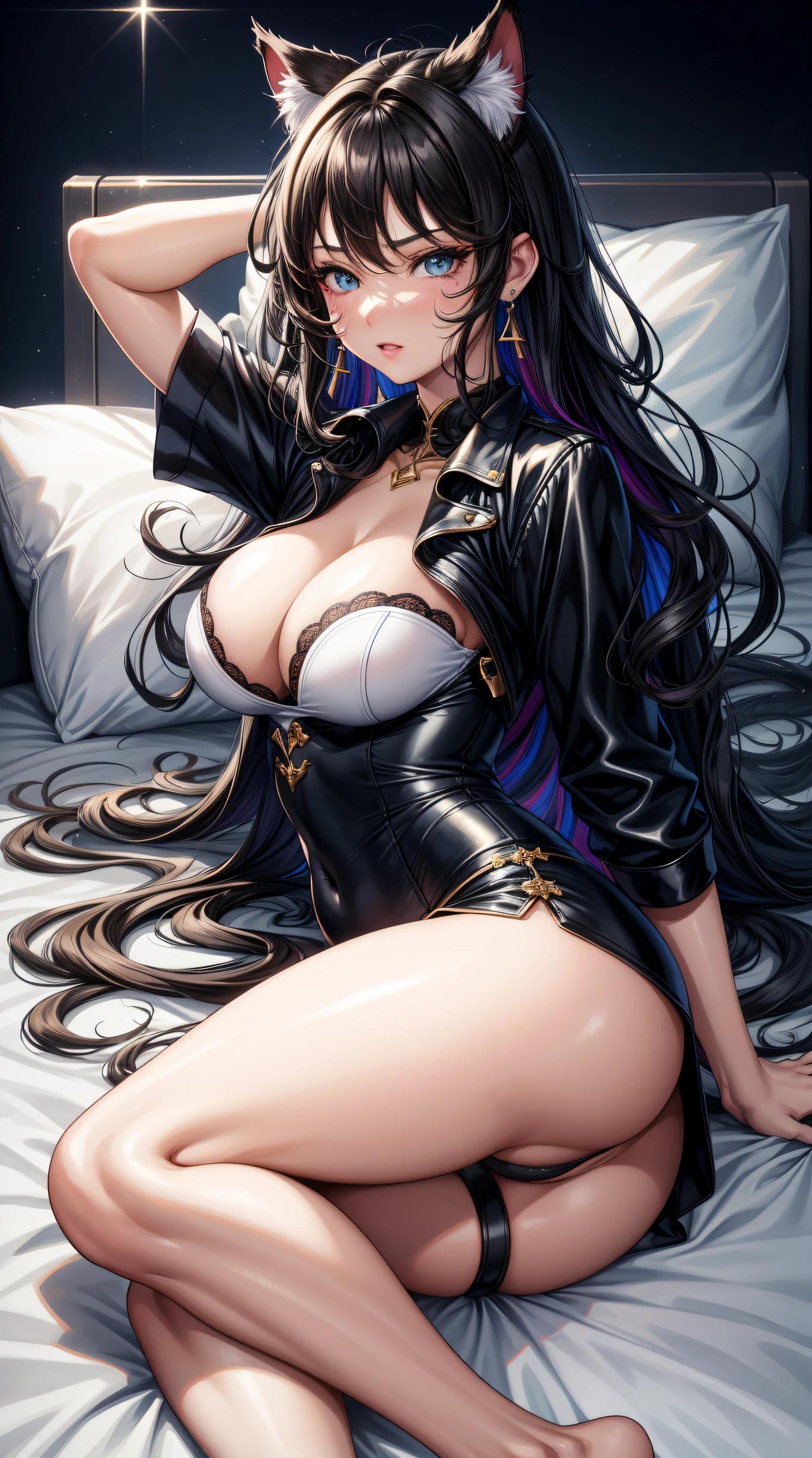 (best quality:1.5, highres, UHD, 4K, detailed lighting, shaders), black wavy hair, gradient hair, cat ears, large breasts, big butt, big thighs, mature woman, small shirt, small pants , (pov), full body, white background, colorful eyeshadow, dramatic lighting, sparkling eyes, confident expression, golden earrings, flowing hair, delicate facial features, soft skin, high cheekbones, stylish clothing, urban setting, white background, lie on a bed.