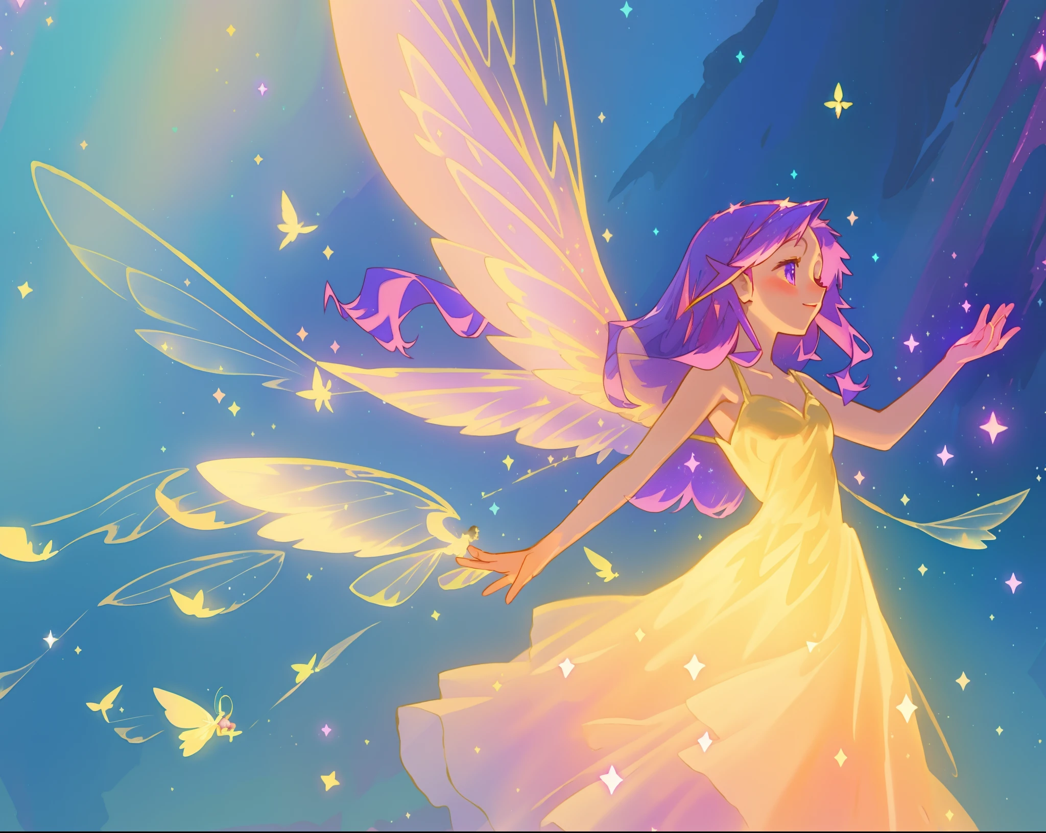 beautiful fairy girl in fluttering golden dress, fairy dress, (huge sparkling pink fairy wings), long dark purple hair, fairy queen, ((magical colorful otherworldly landscape)), (glowing fairy wings), glowing flowing ballgown, long hair, sparkling fairy wings, watercolor illustration, glowing aura around her, glowing lights, beautiful digital illustration, fantasia otherworldly background, beautiful, (masterpiece), best quality