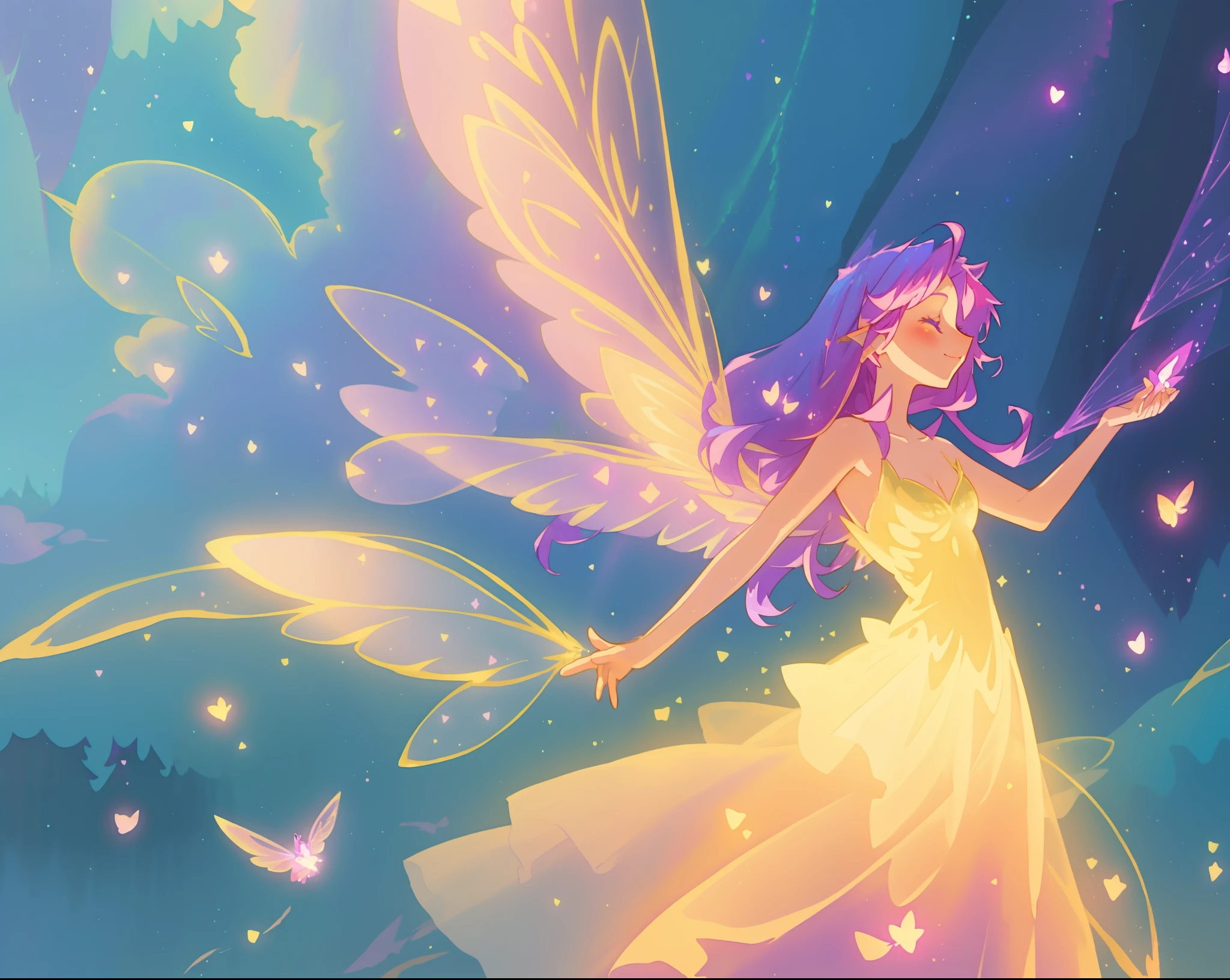 beautiful fairy girl in fluttering golden dress, fairy dress, (huge sparkling pink fairy wings), long dark purple hair, fairy queen, ((magical colorful otherworldly landscape)), (glowing fairy wings), glowing flowing ballgown, long hair, sparkling fairy wings, watercolor illustration, glowing aura around her, glowing lights, beautiful digital illustration, fantasia otherworldly background, beautiful, (masterpiece), best quality