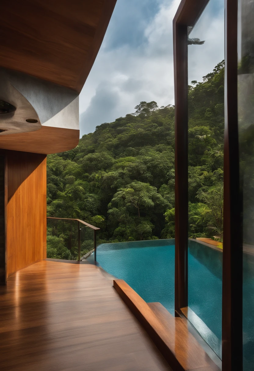 Casa de concreto moderna em cima de uma cachoeira, e selva densa em climas tropicais,hiper-realista,fotografia,melhor qualidade,extremamente completo detalhado