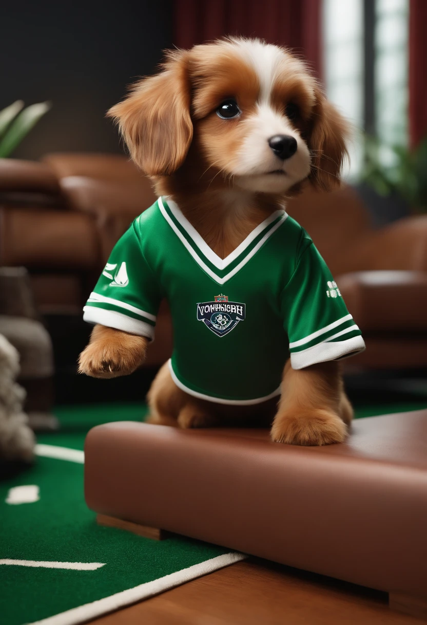 Raise a Yorshire puppy using a Palmeiras football team jersey, inspired by Pixar animation, de perto.