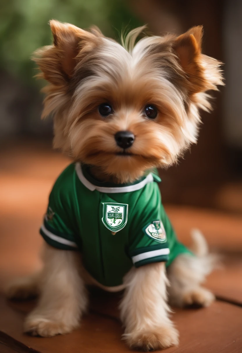 Raise a Yorshire puppy using a Palmeiras football team jersey, inspired by Pixar animation, de perto.