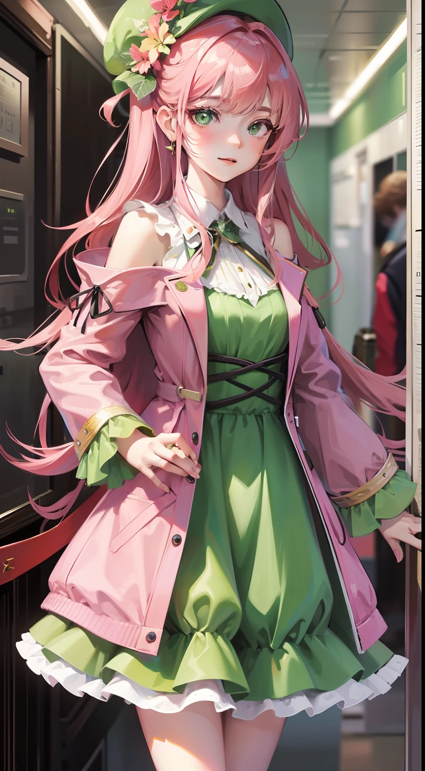 Young Girl, Long pink hair, Green eyes, Green Light Dress, ssmile, masutepiece, hiquality