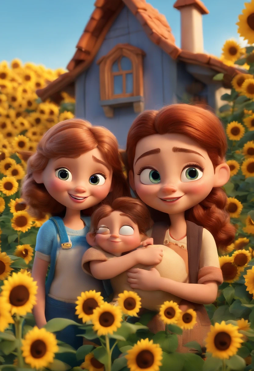 Create a Disney PIXAR-style 3D poster. ((centro da imagem, Triplets)), ((3 children)) ((1 menino no meio e 2 meninas ao lado, They're hugging each other, O menino tem pele castanha e cabelos castanhos escuros e olhos castanhos escuros, 1 menina tem pele clara, olhos e cabelos escuros e cacheados, e a outra menina tem pele morena, olhos escuros e cabelos escuros e lisos)) ((tudo isso no estilo Disney PIXAR 3D, In the background, A house of sunflowers, Gloria Studio, The garden is full of nature 3D render RTX clay material, estilo de design cartunesco, POP Mart, soft lighting, linhas suaves, Spring tilt, Detailed illustrations of PIXAR 3D, Detalhes hiper-realistas, cor quente no estilo Disney PIXAR 3D))