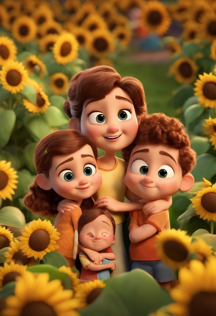 Create a Disney PIXAR-style 3D poster. ((centro da imagem, Triplets)), ((3 )) ((1 menino no meio e 2 meninas ao lado, They're hugging each other, O menino tem pele castanha e cabelos castanhos escuros e olhos castanhos escuros, 1 menina tem pele clara, olhos e cabelos escuros e cacheados, e a outra menina tem pele morena, olhos escuros e cabelos escuros e lisos)) ((tudo isso no estilo Disney PIXAR 3D, In the background, A house of sunflowers, Gloria Studio, The garden is full of nature 3D render RTX clay material, estilo de design cartunesco, POP Mart, soft lighting, linhas suaves, Spring tilt, Detailed illustrations of PIXAR 3D, Detalhes hiper-realistas, cor quente no estilo Disney PIXAR 3D))