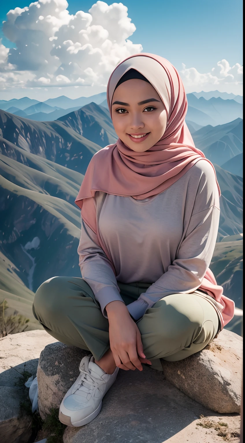 A stunning, high-resolution photo of a beautiful woman wearing a hijab, fully dressed in hiking attire with intricate equipment. She is sitting on the grass at a slight angle, enjoying the breathtaking panorama of the Dieng plateau. The early morning sun creates a serene atmosphere, with a hint of sunrise in the sky. The photo captures the essence of peace and tranquility, with sharp details and ornate elements. The scene is reminiscent of a 32K ultra-high-definition image, showcasing the beauty of wildlife and portrait photography., wildlife photography, photo, portrait photography