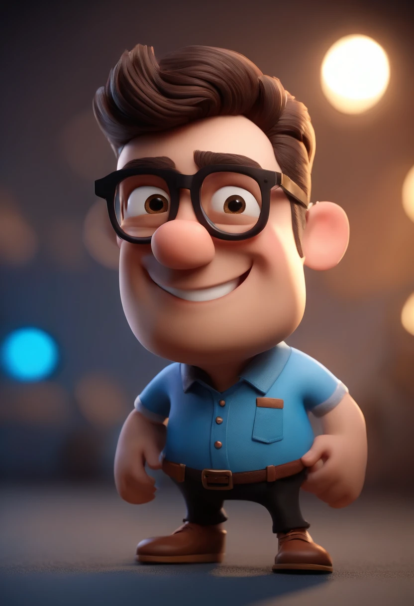Cartoon character of a man wearing black glasses and a blue shirt, um personagem animado, Caractere estilizado, animation style rendering, 3D estilizado, Arnold Maya render, 3 d render stylized, toon render keyshot, Personagem 3D, Personagem 3D, 3d rendering stylized, 3 d character render, personagem de desenho animado, Personagem de close up, Pose de personagem, (Estilo Pixar) (master part:1.2) (Bokeh) (best quality) (pele detalhada) (textura detalhada) (8k) (argila) (Cinematic lighting) (foco nítido，Senta e vaza a parte superior do corpo