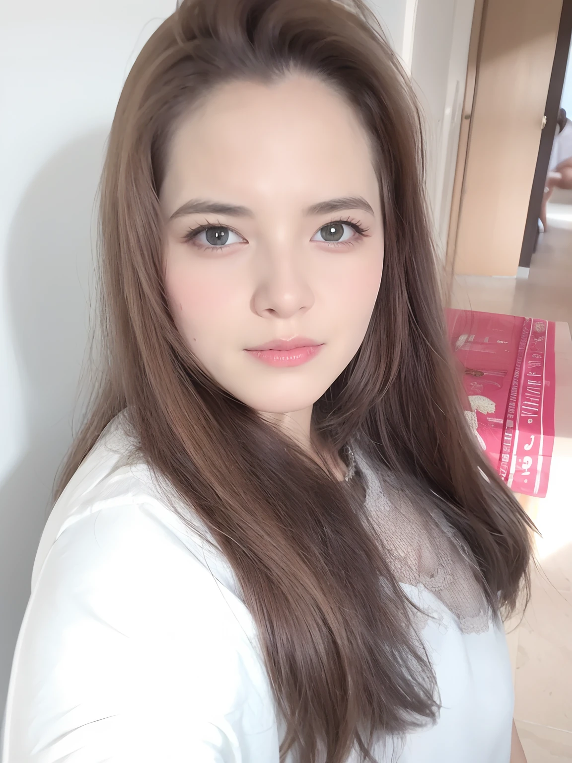 there is a woman with long hair posing for a picture, com maquiagem profissional, muito muito bonito rosto, inspirado em Maria Helena Vieira da Silva, imagem de qualidade muito baixa, com cabelos longos e olhos penetrantes, rosto sexy com maquiagem completa, 3 0 anos de idade mulher, Mulher de 30 anos, com olhos assombrados e cabelos escuros, Makup completo imagem Disney pixar camiseta escrito pontinhos da nenoca