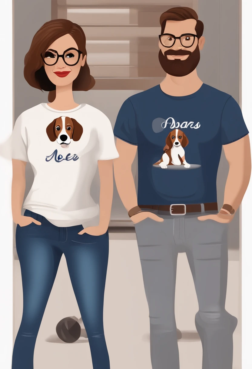 Pixar. Casal com um filhote de cachorro beagle marrom. A menina tem os cabelos loiros amarrados, Camiseta cinza e jeans claro, white glasses. O menino de cabelos pretos com cabelos grisalhos, barba pequena, oculos, Dark blue jeans and gray t-shirt. They are both smiling and are 40 years old
