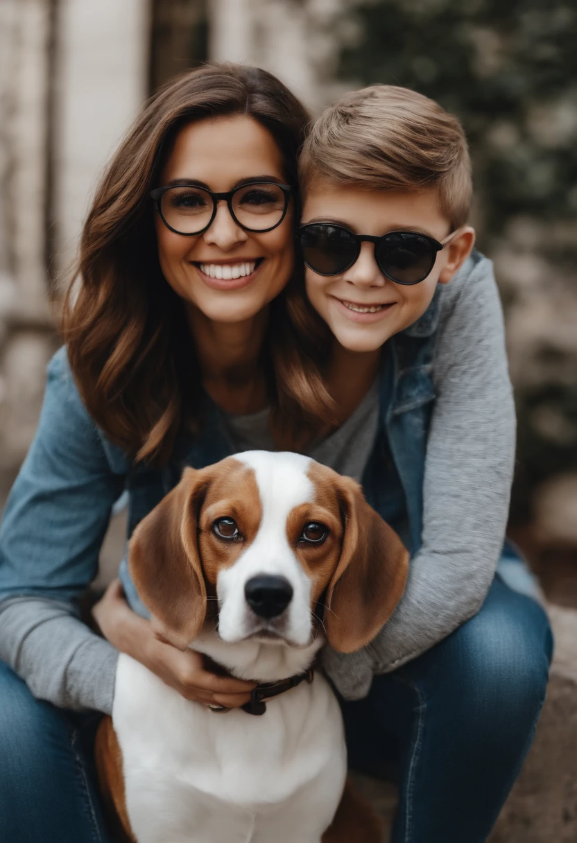 Pixar. Casal com um filhote de cachorro beagle marrom. A menina tem os cabelos loiros amarrados, Camiseta cinza e jeans claro, white glasses. O menino de cabelos pretos com cabelos grisalhos, barba pequena, oculos, Dark blue jeans and gray t-shirt. They are both smiling and are 40 years old