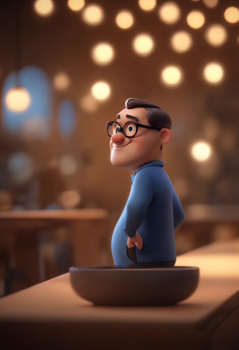 Cartoon character of a man wearing black glasses and a blue shirt, um personagem animado, Caractere estilizado, animation style rendering, 3D estilizado, Arnold Maya render, 3 d render stylized, toon render keyshot, Personagem 3D, Personagem 3D, 3d rendering stylized, 3 d character render, personagem de desenho animado, Personagem de close up, Pose de personagem, (Estilo Pixar) (master part:1.2) (Bokeh) (best quality) (pele detalhada) (textura detalhada) (8k) (argila) (Cinematic lighting) (foco nítido,Senta e vaza a parte superior do corpo