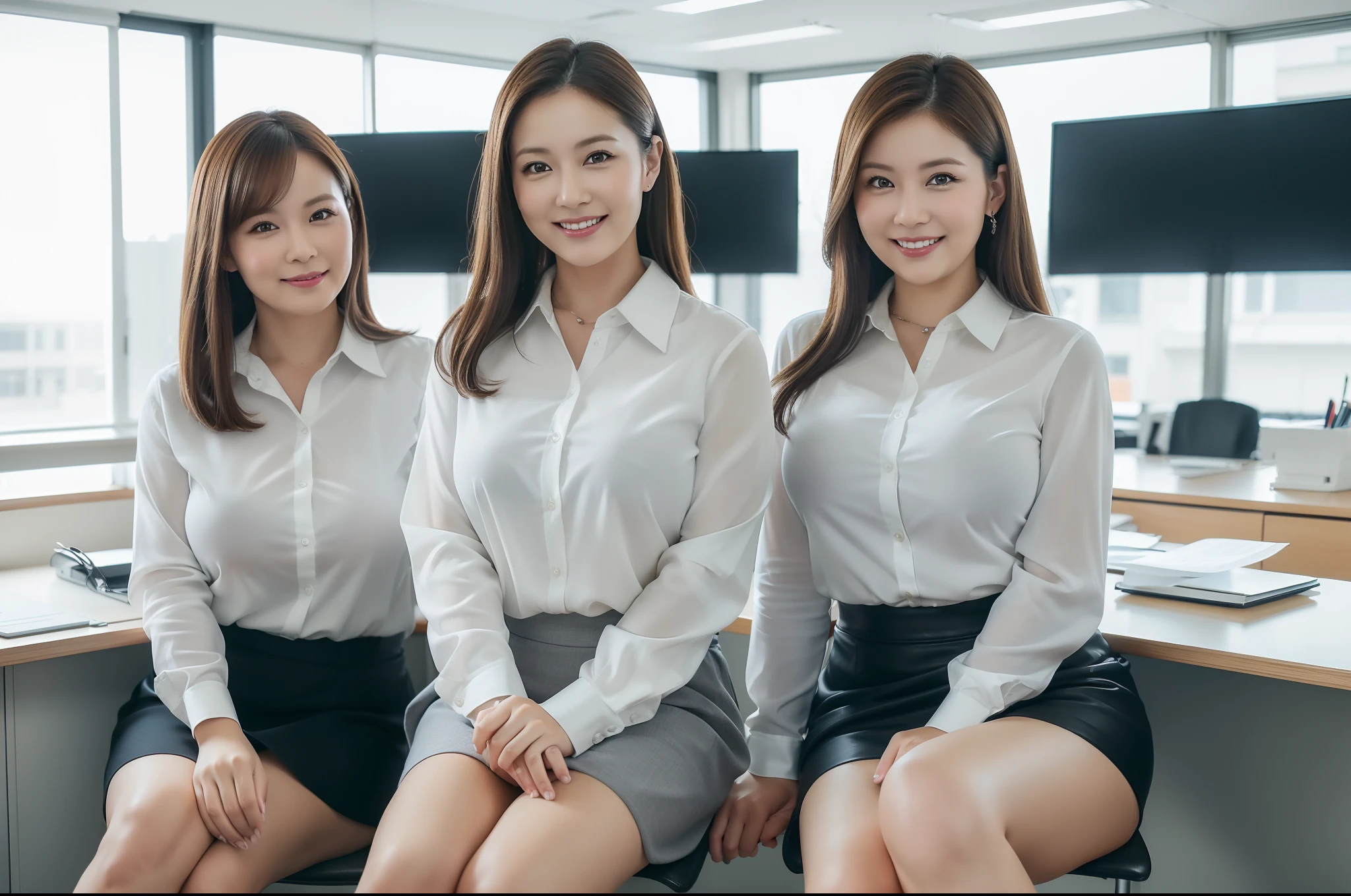 ((Best Quality, 8k, Masterpiecedetails, ultra-high resolution)), (looking at the viewer), (full shot:), attractive business 5 milfs, 5 people, a bit chubby:0.25, white collared shirt, grey skirt, (sitting with cross legs on office desks)), smile, office of CEO,