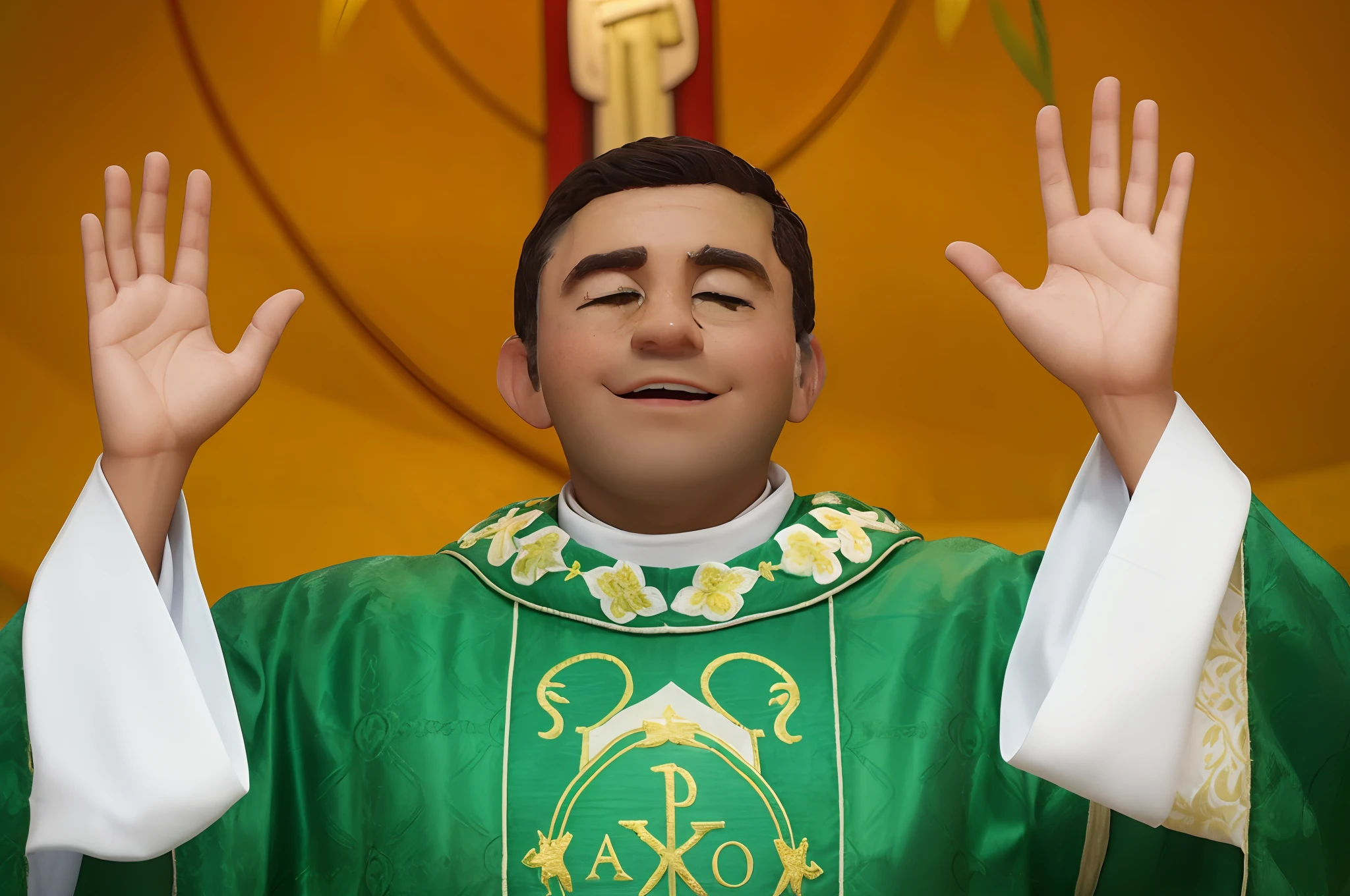 Priest man in green and white with hands up, Solis Sacerdotibus | | | |, Alex Malveda, vestindo apenas um manto verde, sacerdote, A Catholic priest, Holy, hands of blessing, henry ascensio, green blessing, Catholic, blessing palms, vestido com um manto verde, Sf, holy ceremony, vestindo vestes verde-escuras, olhos fechados, Pixar-style animation with cinematic lighting, Cute and funny pixar character with rounded features, cara bonito