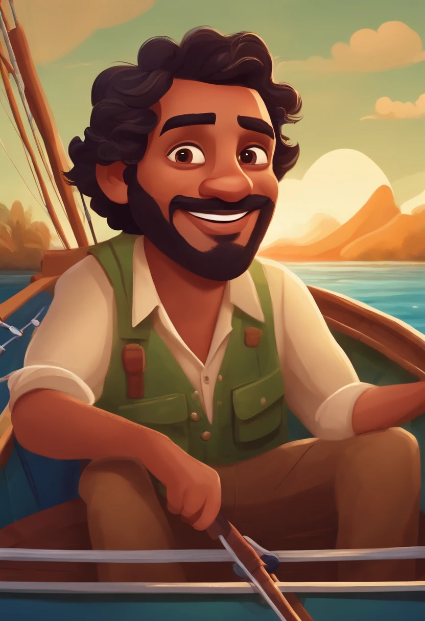 Create a pixar-style artwork of a young, Brazilian man in his 40s, with short black wavy hair, a slightly rounded, beardless face, small eyes and a happy expression, he is in a boat fishing with a fishing rod