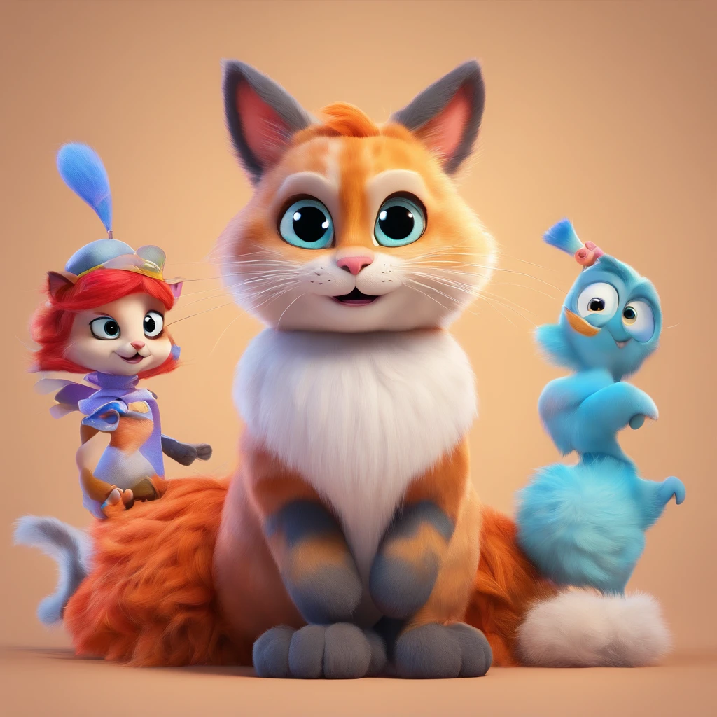 A Disney Pixar-inspired movie poster with title ("PELUCIA"). (Cat angora) the scene should be in the distinct digital art style of Pixar, with a focus on character expressions, vibrant colors, and detailed textures that are characteristic oh th animations,whith the title (pelucia)