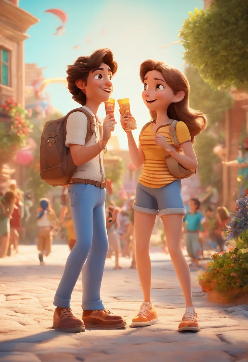 Cartoon of friends having fun on vacation together,  3D Animation Movie Poster, Poster de filme animado, pixar 3 d animation style, pixar renderman rendering, maia 8 mil, animated film, Disney Pixar Estilo 3D, amigos felizes saem juntos, all wearing light blue shirts and cream brown long pants, camisa azul clara, cream brown pants, ao ar livre, vacation, Disney Pixar Animation Poster