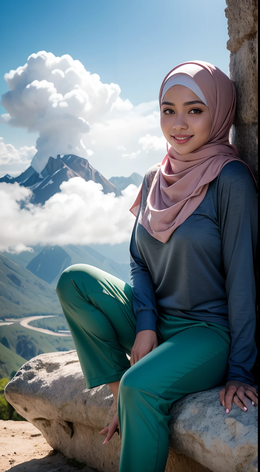 RAW, Best quality, high resolution, masterpiece: 1.3), beautiful Malay woman in hijab (iu:0.8),Best quality, high resolution, Masterpiece: 1.3, Beautiful  hijabi malay girl, Masterpiece, Soft smile,Beautiful Malay women wear pastel color hijab sitting on a fluffy cloud high in the sky. The cloud acts as her personal retreat in the sky, suspended above the world below, 28mm lens, Establishing shot, muted color grading, cinemascope effect , bright sunshine, hiking clothes, pullover, long pants, highres,4k,HDR,1girl, photorealistic, realistic,sweat skin, wet clothes, wet body, big breast, ((full body))soaked, dripping, smiling at viewer, closeup