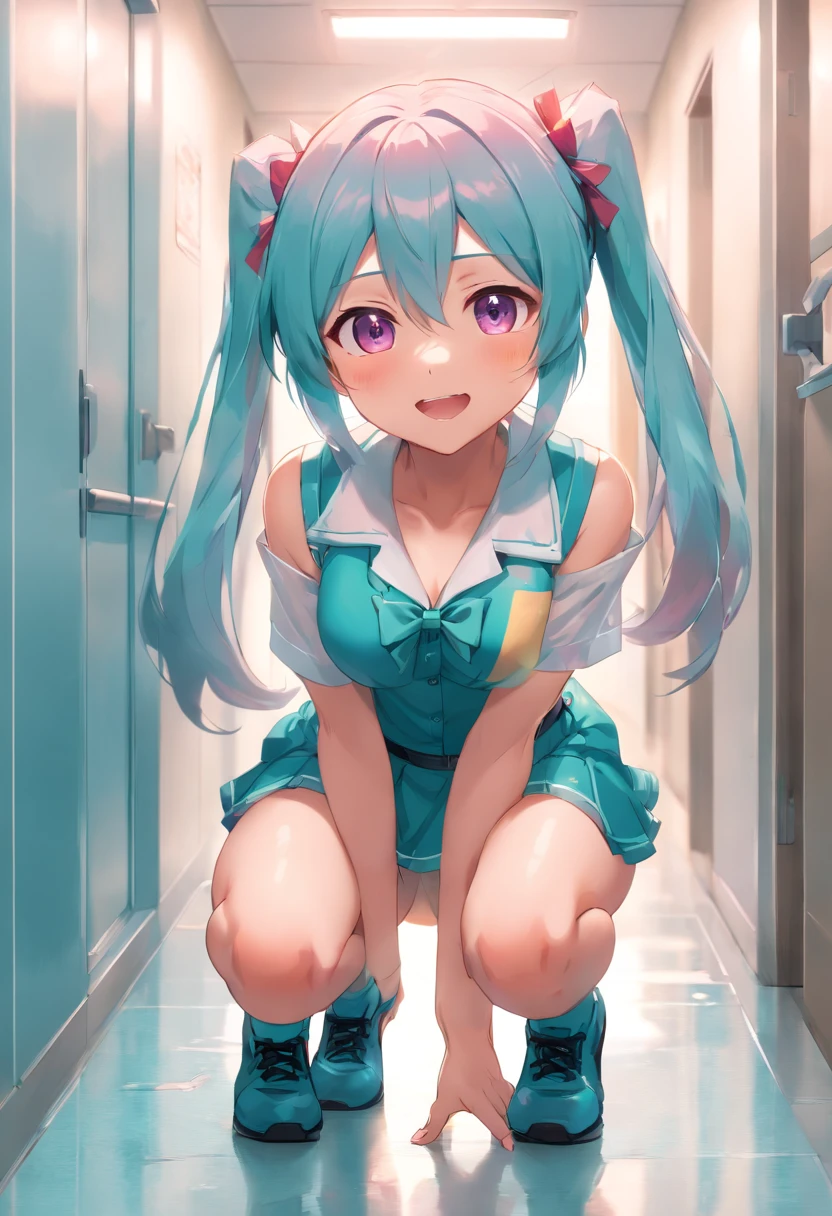 hatsune miku, naked, high quality, small breasts, anime, squatting down, big ass