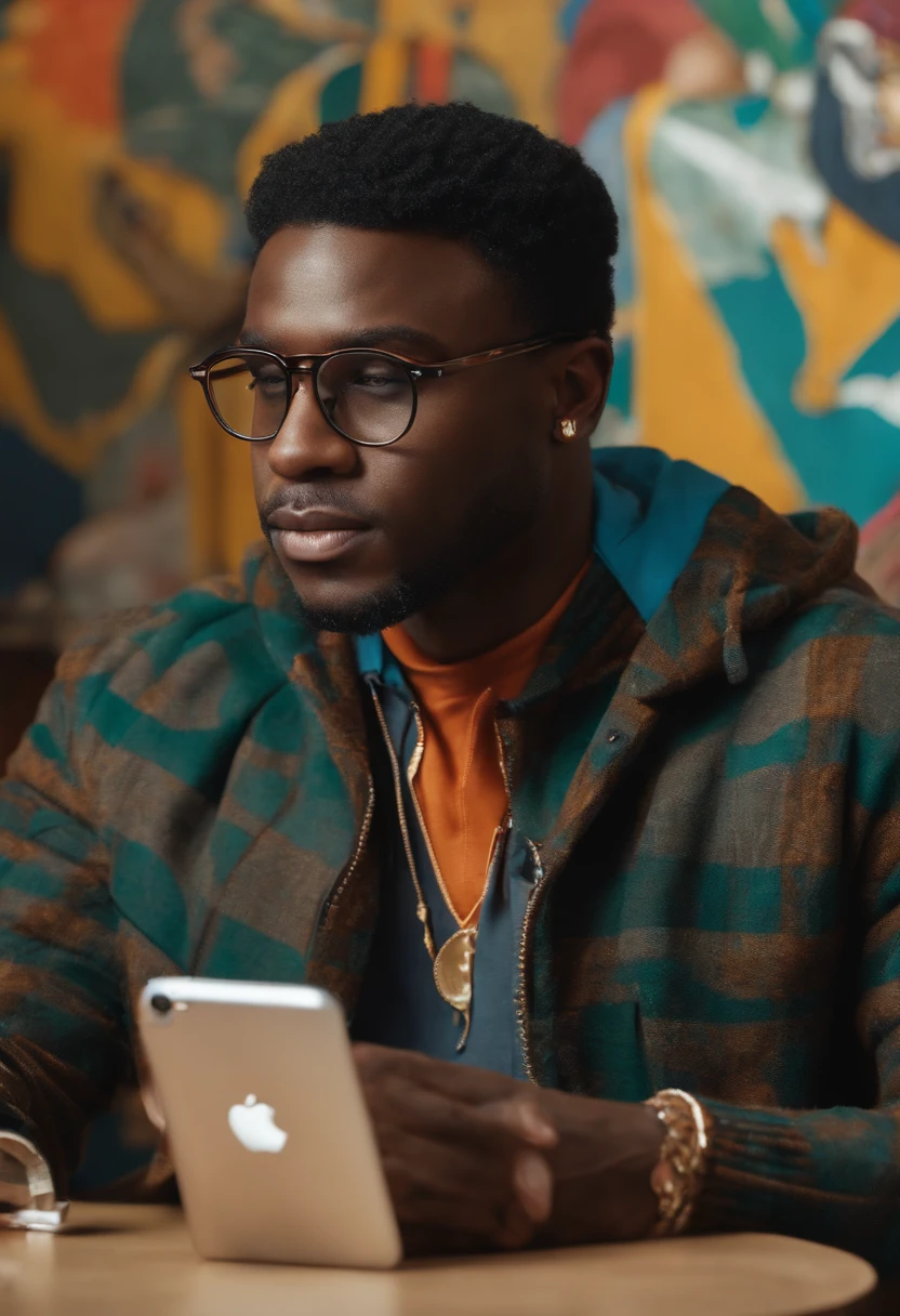 Short-haired black man in glasses sitting at a table with several iPhones, MacBooks around and an iPhone in his hand