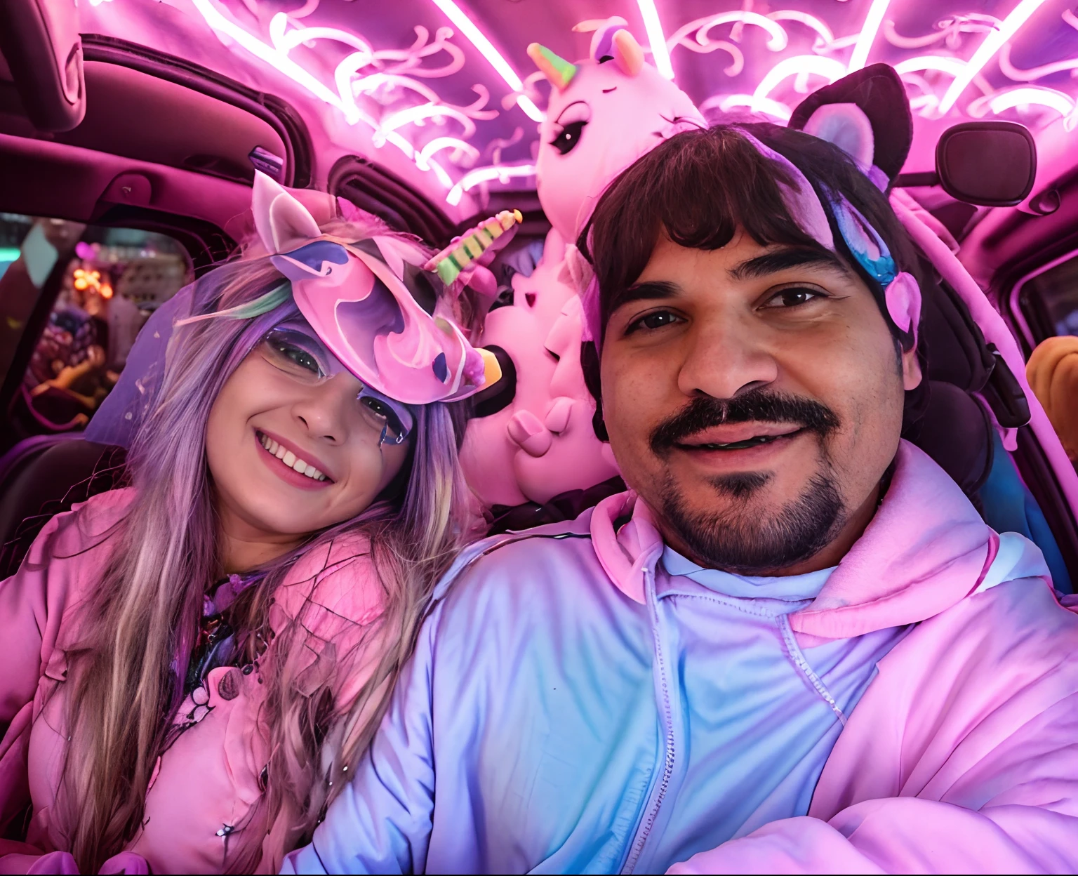 There's two costumed people sitting in a car, Alex Yanes e Lisa Frank, riding a unicorn, carpool karaoke, imagem de perfil, BoJack Horseman na vida real, com cavalo conduzido, Casal feliz, no Taco Bell Drive Through, Leslie David e Lisa Frank, Directed by: Nandor Soldier, foto do perfil, keanu reaves riding a unicorn