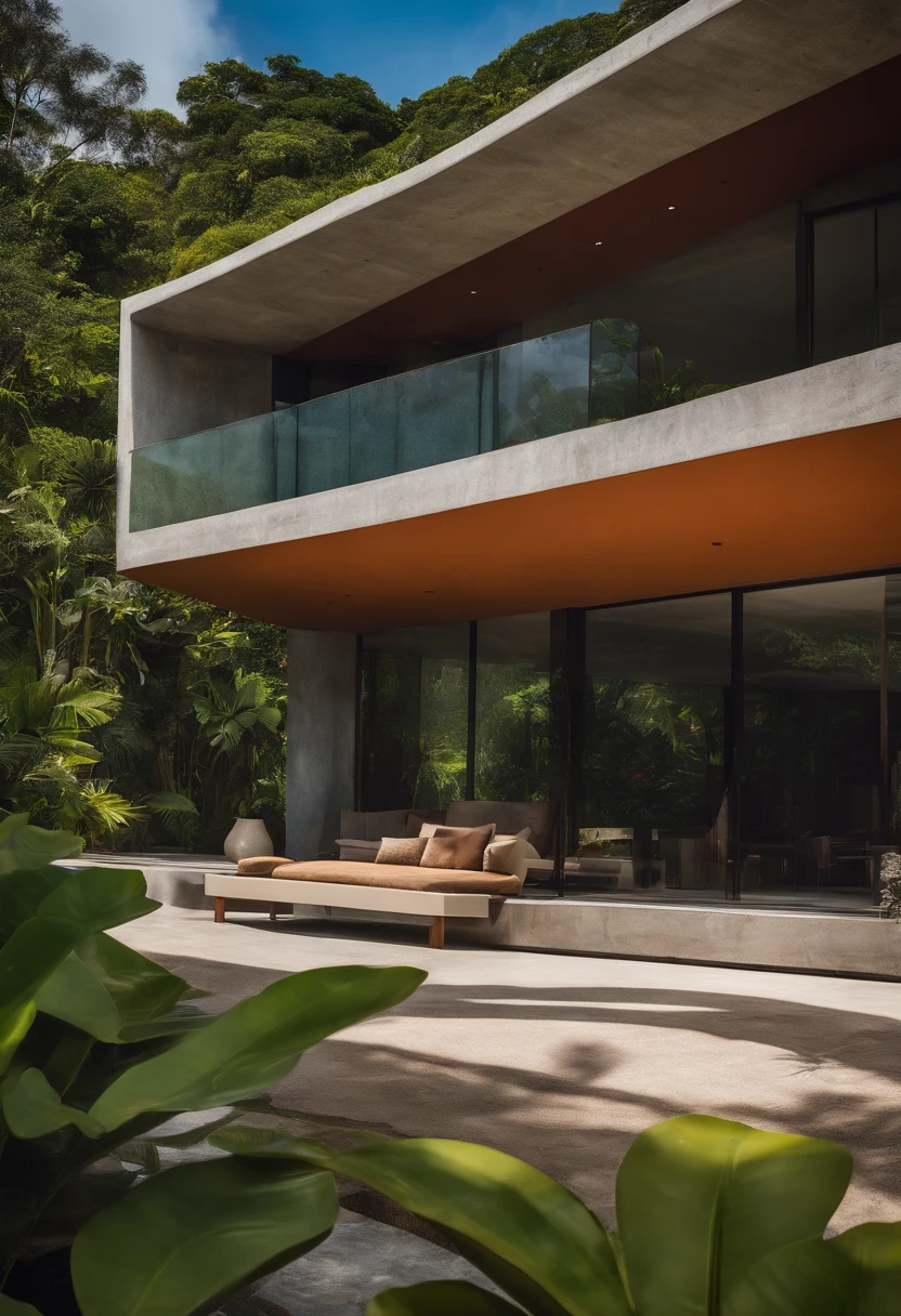 Casa de concreto moderna ,arquitetura, selva densa em climas tropicais,hiper-realista,melhor qualidade,extremamente completo detalhado