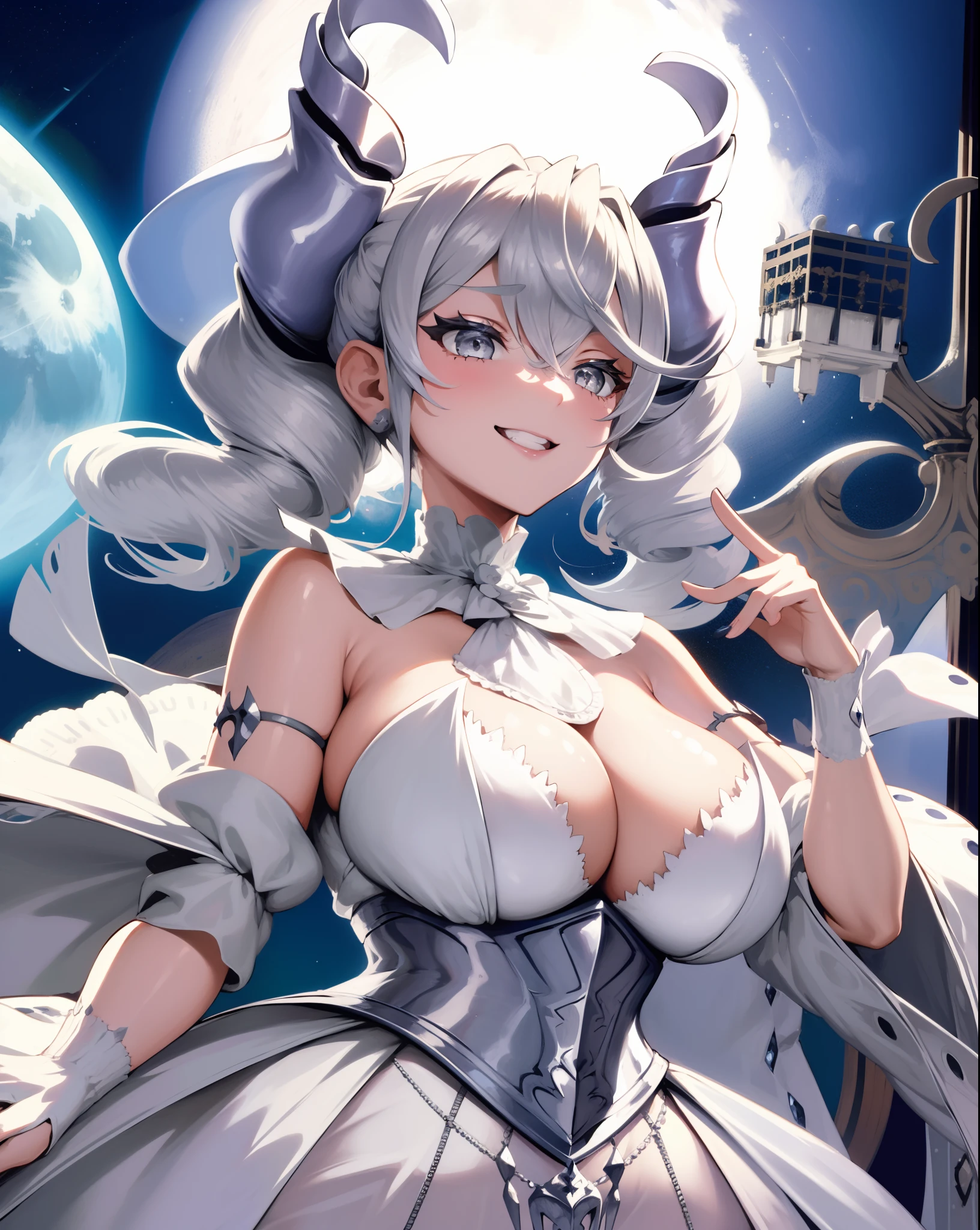 1girl, labrynth, silver hair, grey eyes, large breasts, horns, cleavage, white dress, Ornate, laughing, night, moon, ivory, exquisite, chandelier, smug, hand over mouth,
white interior,