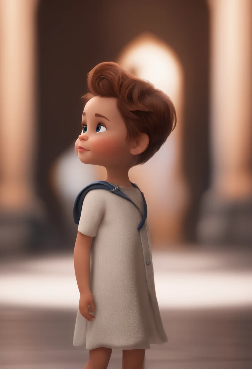 a happy cute kid standing short hair, vestindo uma fantasia espacial, , fundo branco, barnet, tom, Estilo Pixar, ..3d, desenhos animados, rosto detalhado, asymmetrical 16k