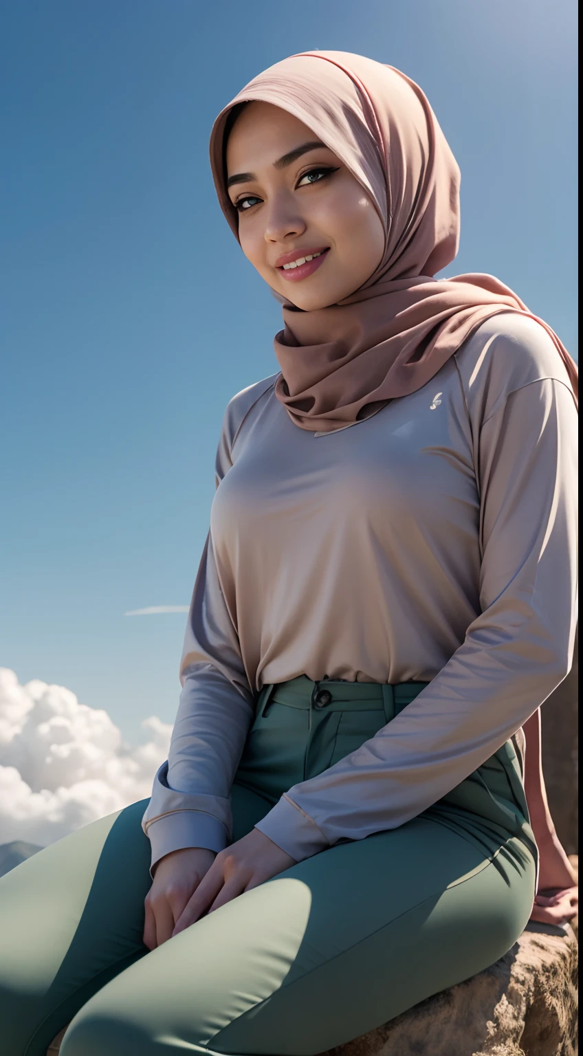 RAW, Best quality, high resolution, masterpiece: 1.3), beautiful Malay woman in hijab (iu:0.8),Best quality, high resolution, Masterpiece: 1.3, Beautiful  hijabi malay girl, Masterpiece, Soft smile,Beautiful Malay women wear pastel color hijab sitting on a fluffy cloud high in the sky. The cloud acts as her personal retreat in the sky, suspended above the world below, 28mm lens, Establishing shot, muted color grading, cinemascope effect , bright sunshine, hiking clothes, pullover, long pants, highres,4k,HDR,1girl, photorealistic, realistic,sweat skin, wet clothes, wet body, big breast, ((full body))soaked, dripping, smiling at viewer, closeup