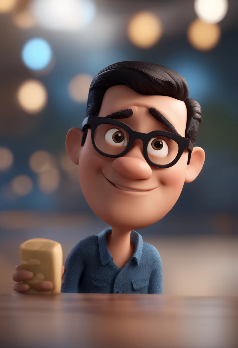 Cartoon character of a man with black glasses and a blue shirt, animation character, Caractere estilizado, animation style rendering, 3D estilizado, Arnold Maya render, 3 d render stylized, toon render keyshot, Personagem 3D, Personagem 3D, 3d rendering stylized, 3 d character render, personagem de desenho animado, Personagem de close up, Pose de personagem,  (Estilo Pixar) (master part:1.2) (Bokeh) (best quality) (pele detalhada) (textura detalhada) (8k) (argila) (Cinematic lighting) (foco nítido