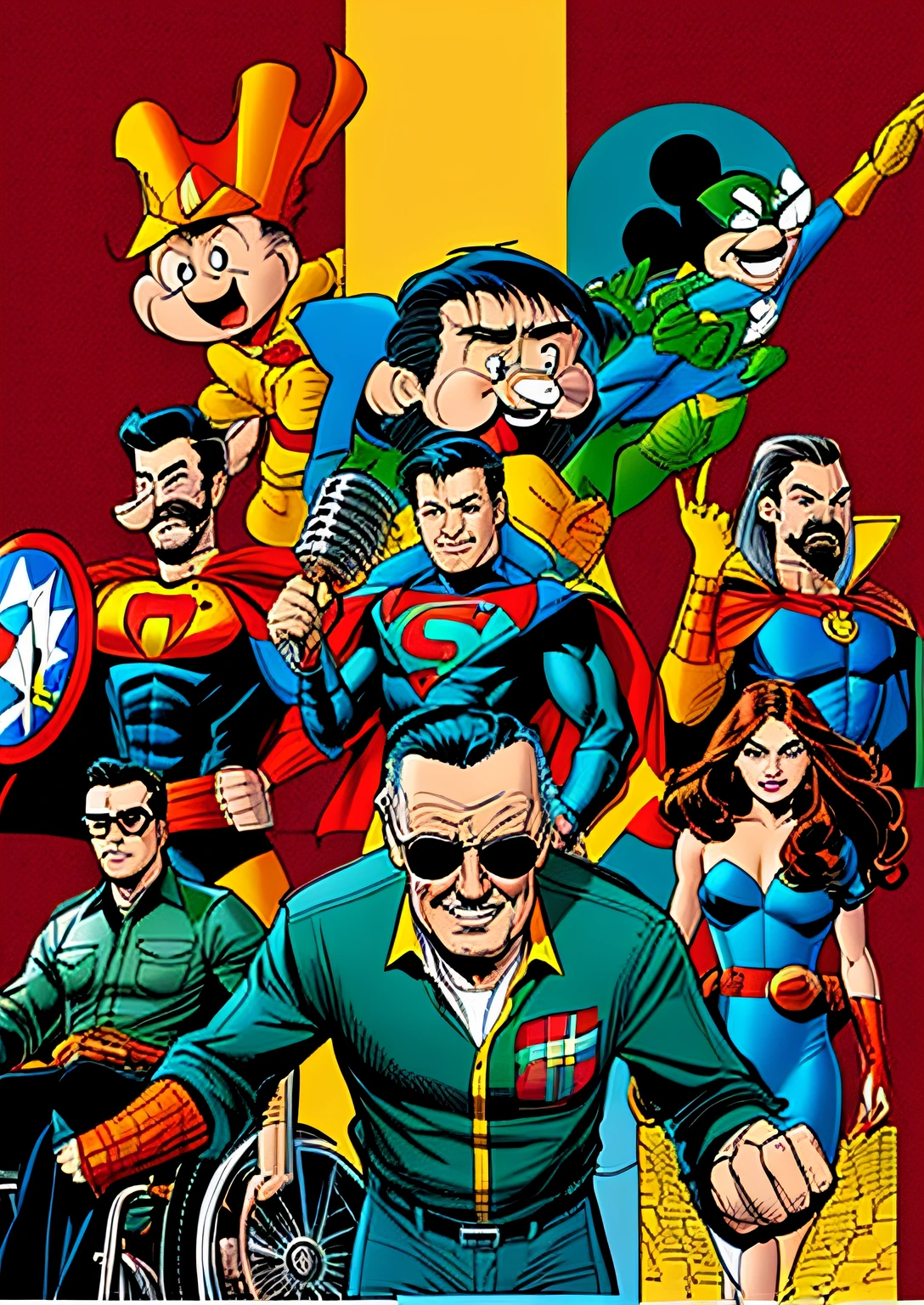 A cartoon of a man in a wheelchair surrounded by a bunch of superheroes, Stan Lee, john romita senior, john romita junior, inspirado em Al Feldstein, inspirado em Harvey Kurtzman, Directed by: Randy Gallegos, sem texto, inspirado em Stan Stokes, No estilo da Marvel e DC, inspirado em Chip Zdarsky, Directed by: Ignacio Zuloaga