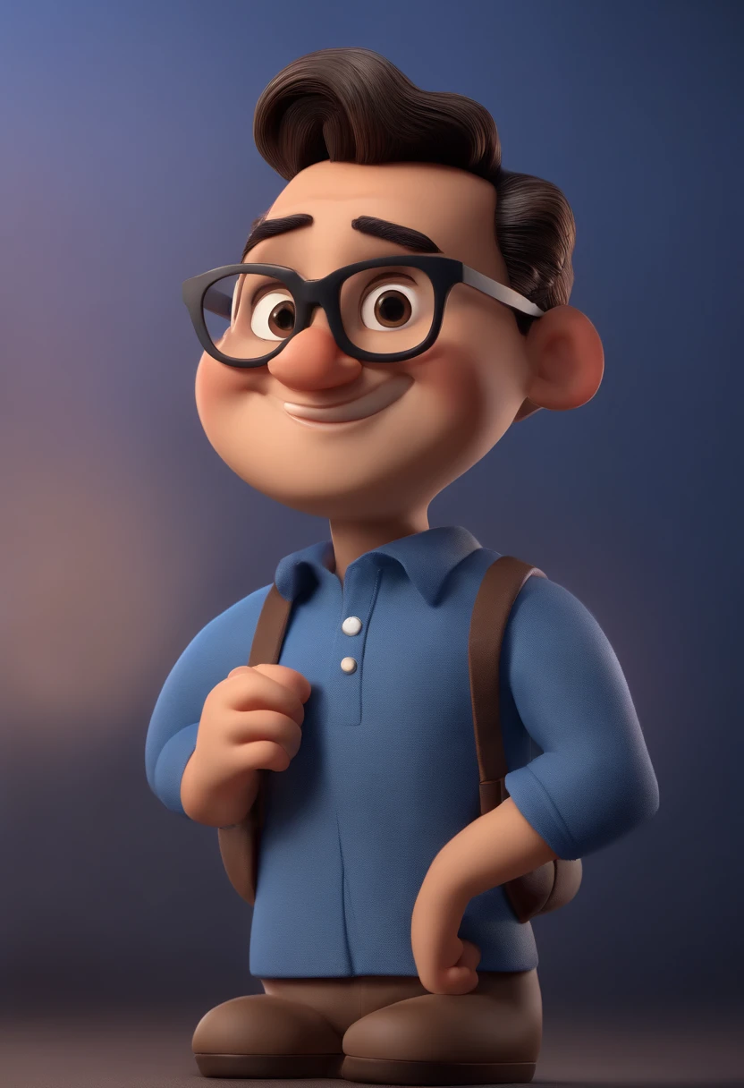 Cartoon character of a man wearing black glasses and a blue shirt, um personagem animado, Caractere estilizado, animation style rendering, 3D estilizado, Arnold Maya render, 3 d render stylized, toon render keyshot, Personagem 3D, Personagem 3D, 3d rendering stylized, 3 d character render, personagem de desenho animado, Personagem de close up, Pose de personagem, (Estilo Pixar) (master part:1.2) (Bokeh) (best quality) (pele detalhada) (textura detalhada) (8k) (argila) (Cinematic lighting) (foco nítido,Senta e vaza a parte superior do corpo