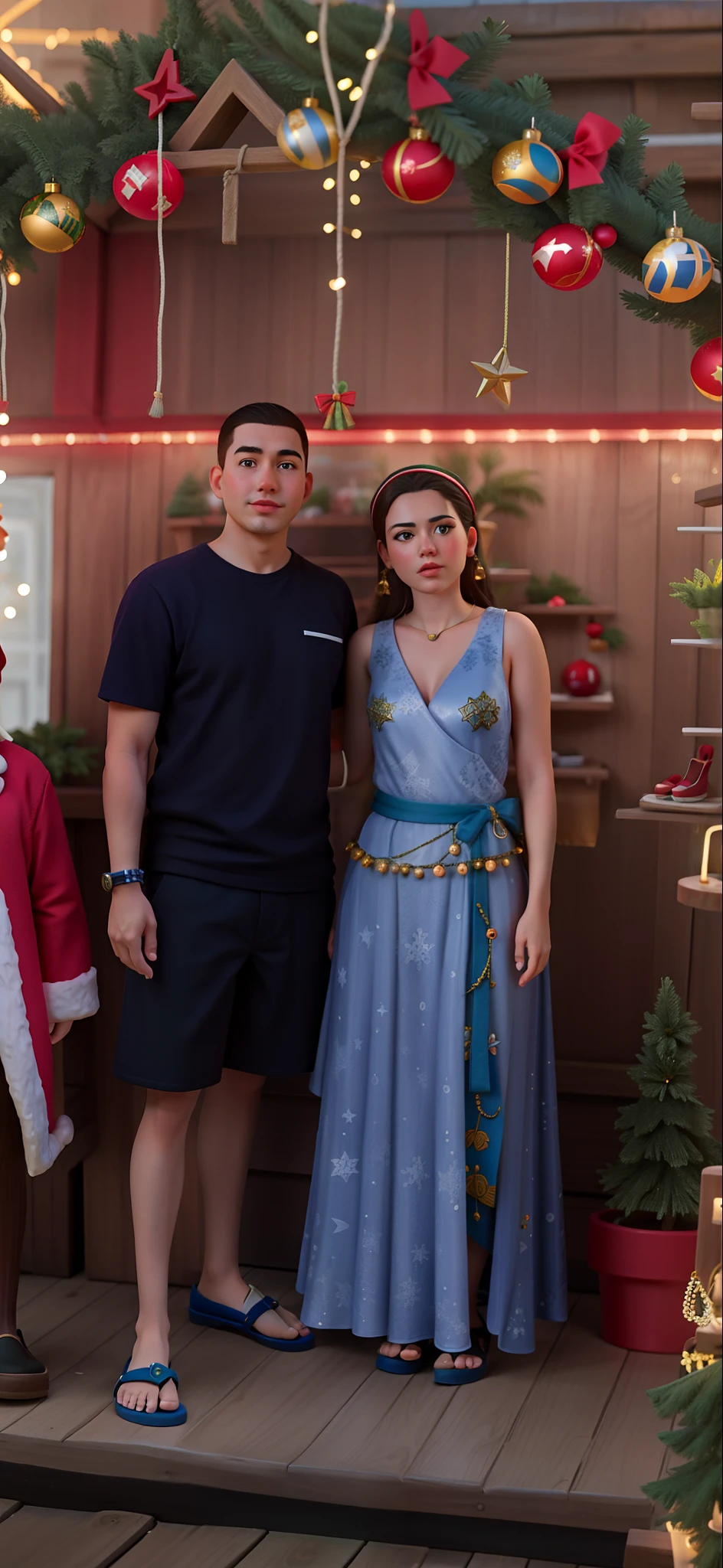 They stand in front of a Christmas window with a Santa Claus, 155 cm de altura, 165 cm de altura, Directed by: Daniel Lieske, foto do perfil, por Else Alfelt, Tyler Edlin e Natasha Tan, usando um vestido havaiano, Directed by: Hannah Tompkins, with tiny people, vacation photo, EUA-Set 20, Ruan Jia e Mandy Jurgens