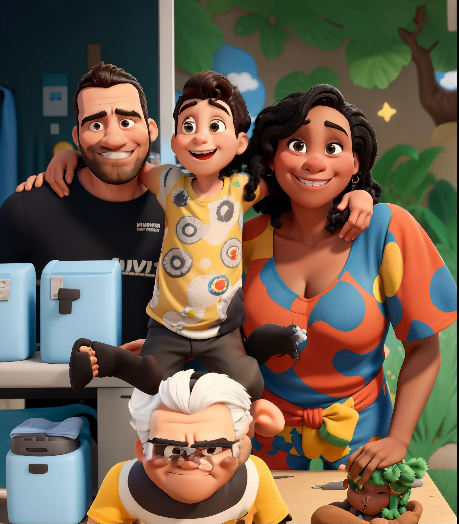 Create Cartoon-Style Animation, homem cabelo preto curto mesmo penteado, menino cabelo loiro mesmo penteado e mulher cabelo cacheado escuro e deixar o rosto mais bonito e mais magra, ambos usando a mesma roupa, Everyone happy celebrating their 's birthday