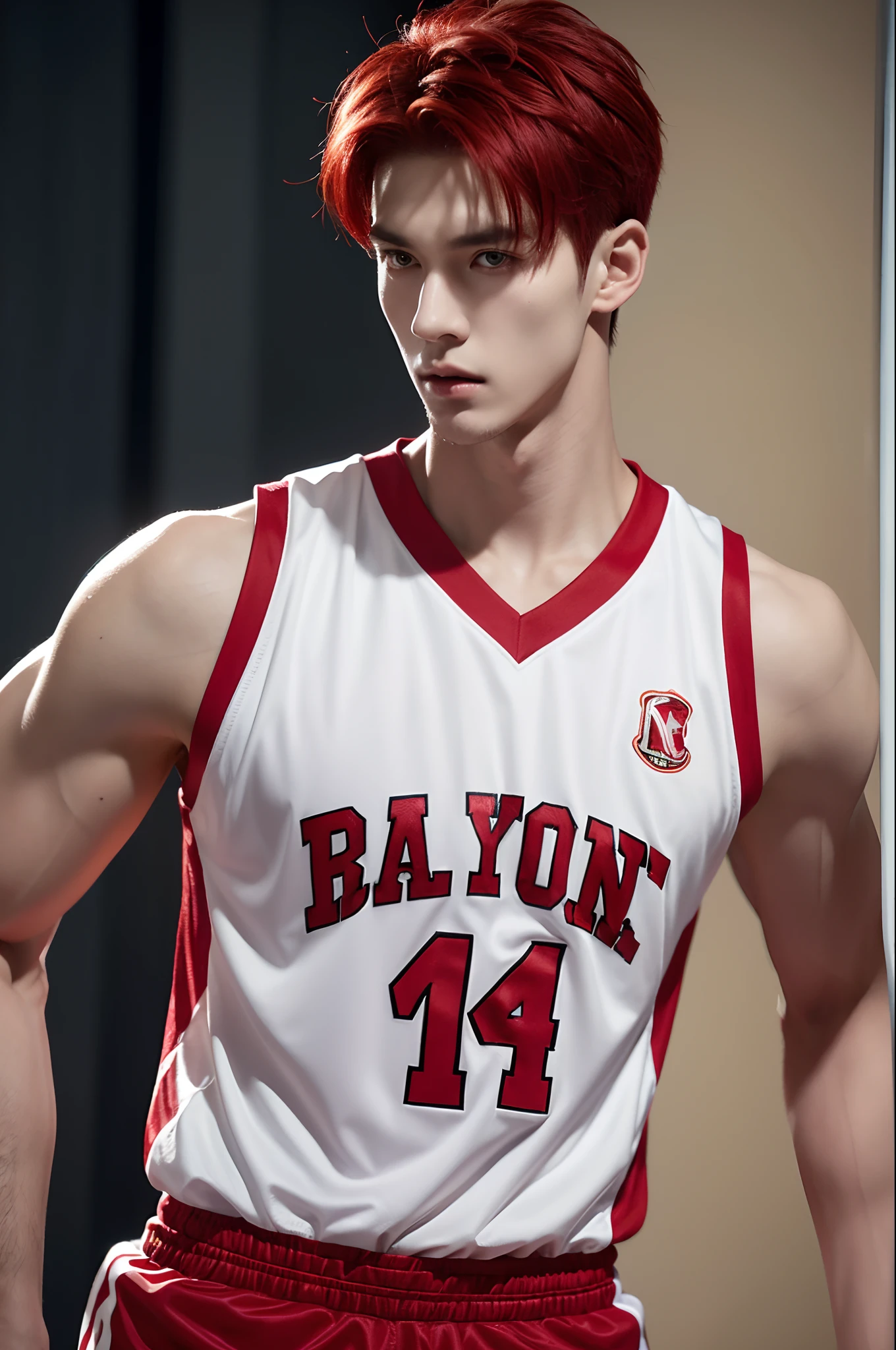 1 Korean young man,male,20 years old,Wearing red and white basketball shoes,legs open,White sport socks,Badass anime 8K,Cold,Handsome,POV perspective,looking at camera