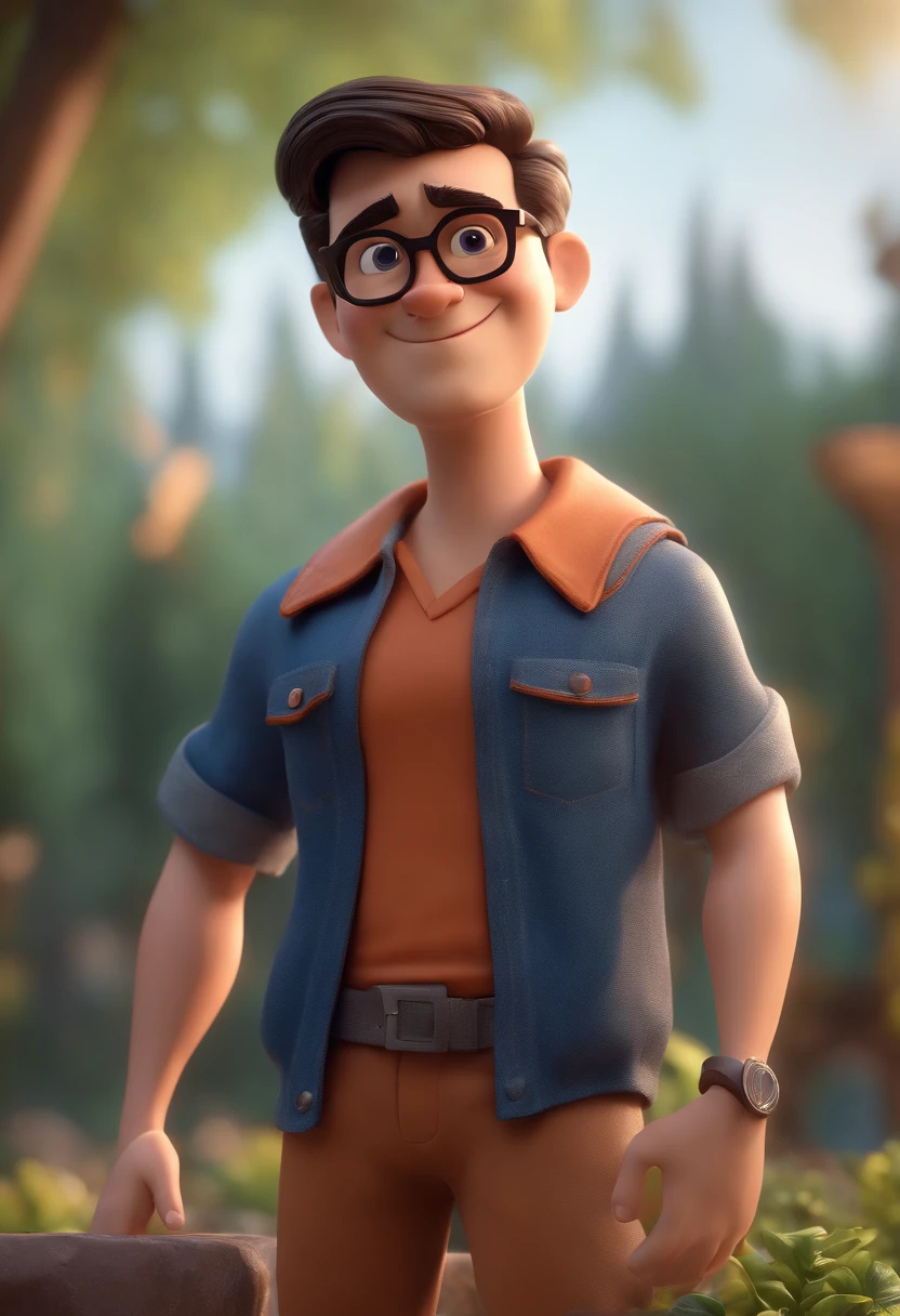 Cartoon character of a man with black glasses and a blue shirt, animation character, Caractere estilizado, animation style rendering, 3D estilizado, Arnold Maya render, 3 d render stylized, toon render keyshot, Personagem 3D, Personagem 3D, 3d rendering stylized, 3 d character render, personagem de desenho animado, Personagem de close up, Pose de personagem,  (Estilo Pixar) (master part:1.2) (Bokeh) (best quality) (pele detalhada) (textura detalhada) (8k) (argila) (Cinematic lighting) (foco nítido