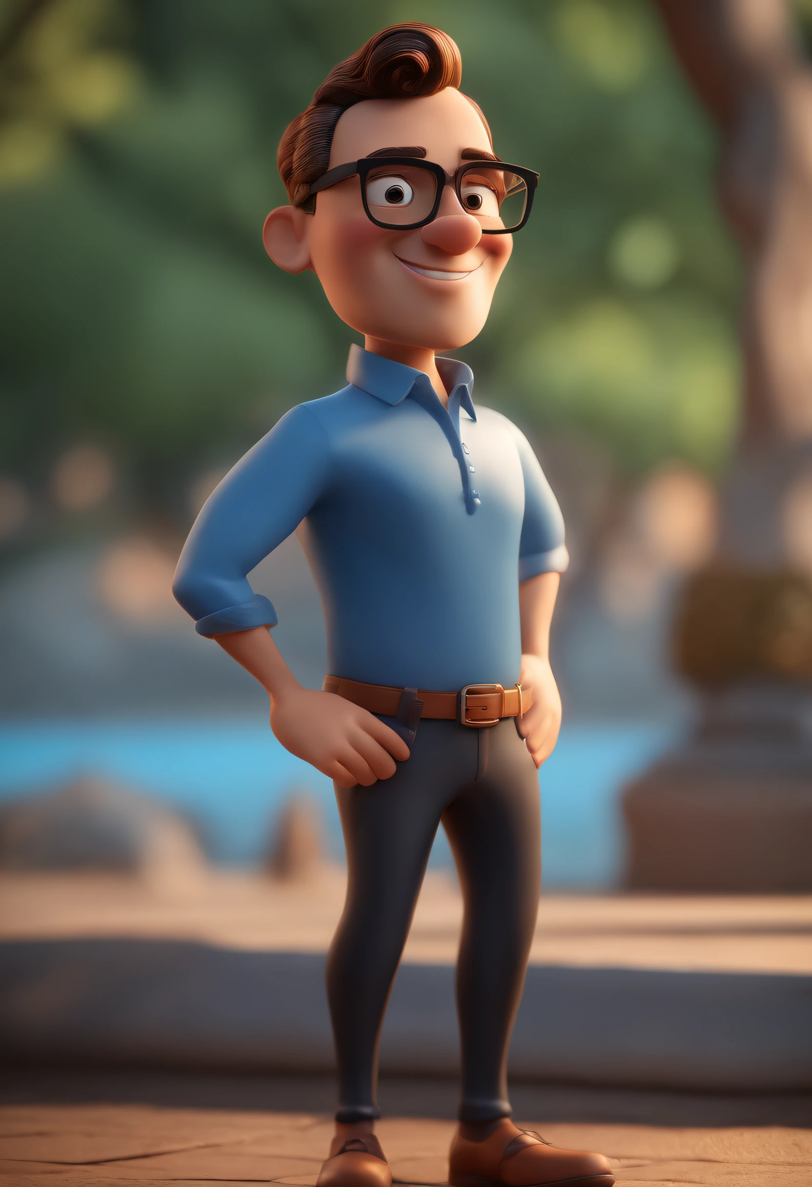 Cartoon character of a man with black glasses and a blue shirt, animation character, Caractere estilizado, animation style rendering, 3D estilizado, Arnold Maya render, 3 d render stylized, toon render keyshot, Personagem 3D, Personagem 3D, 3d rendering stylized, 3 d character render, personagem de desenho animado, Personagem de close up, Pose de personagem, (Estilo Pixar) (master part:1.2) (Bokeh) (best quality) (pele detalhada) (textura detalhada) (8k) (argila) (Cinematic lighting) (foco nítido