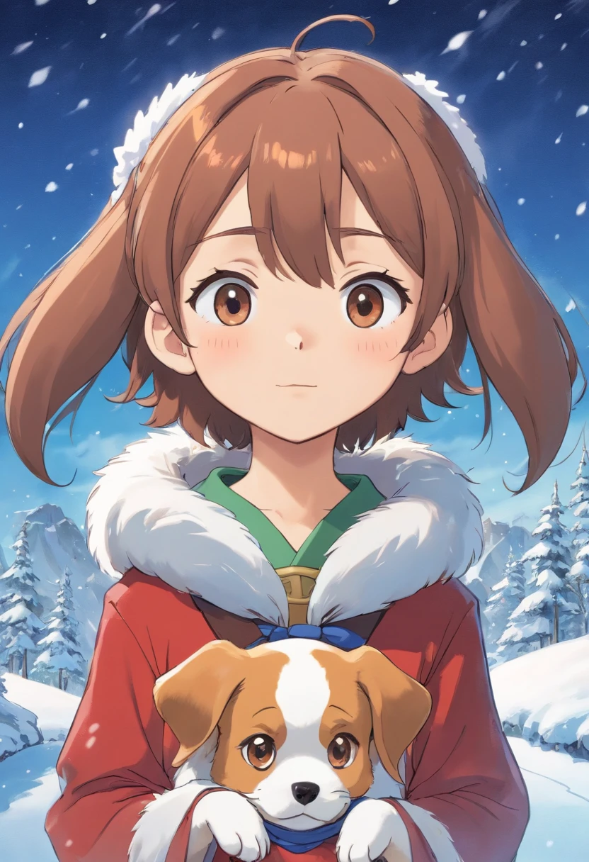 Um menino com,There are two beagle ears on the head,Deitado na neve,Q version,linhas simples,cara suja
