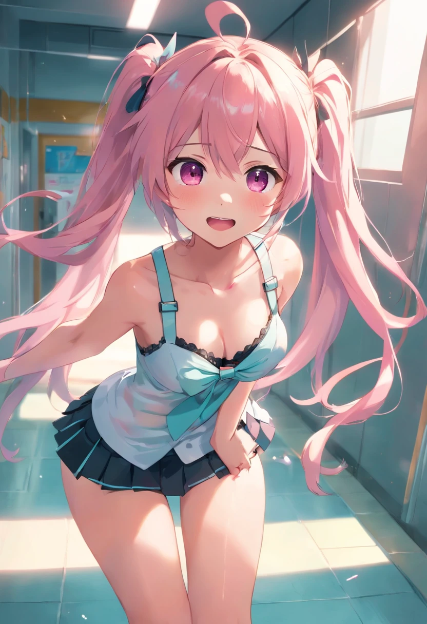 Hatsune Miku, messy long pink hair, see thru white strink bikini, buff, looking a viewer, toned , workout, Thigh muscles, muscle arm, Abs，(thin female, toned legs) Top quality, Masterpiece, High definition, Very detailed, 8K, One girl, Cute, anime perky breast, Crystal clear white skin, , Sensual, full body lesbian, Young,  high school, 13 yead, (The hair cis light pink), school hallway, Cute summer uniform, Hair lifted and fluffy, Miniskirt, Lift up the skirt, Crying loudly, Close both eyes, Scream, Awesome rage, high-angle, Crying, Looking up, Hands that kneel on the ground and cry, Front camera 8K, RAW photo, Best quality, masterpiece:1.2), high-definition RAW color photography, professional photoshooting, cow boy shot, (Realistic, photographrealistic:1.37), ((Best quality)), , Cinematic light, (finerly detailed face:1.2), (masterpiece:1.5), (Best quality:1.2), (dark mole:0.8), (Smiling:0.9), (view the viewer:1.2), breasts coming out of bra, Lace lingerie small breasts，No clothing, small breasts exposed cleavage，Get wet all over your body, breasts, neck bowtie, (Meticulous maid:1.2) is working，long legs，Superbly detailed eyes，Delicate face，Long-haired thin women，Spread your legs apart，Negative nucleus，Thighs open，see-through transparent clothes，Lingerie transparent，Plenty of milky liquid，