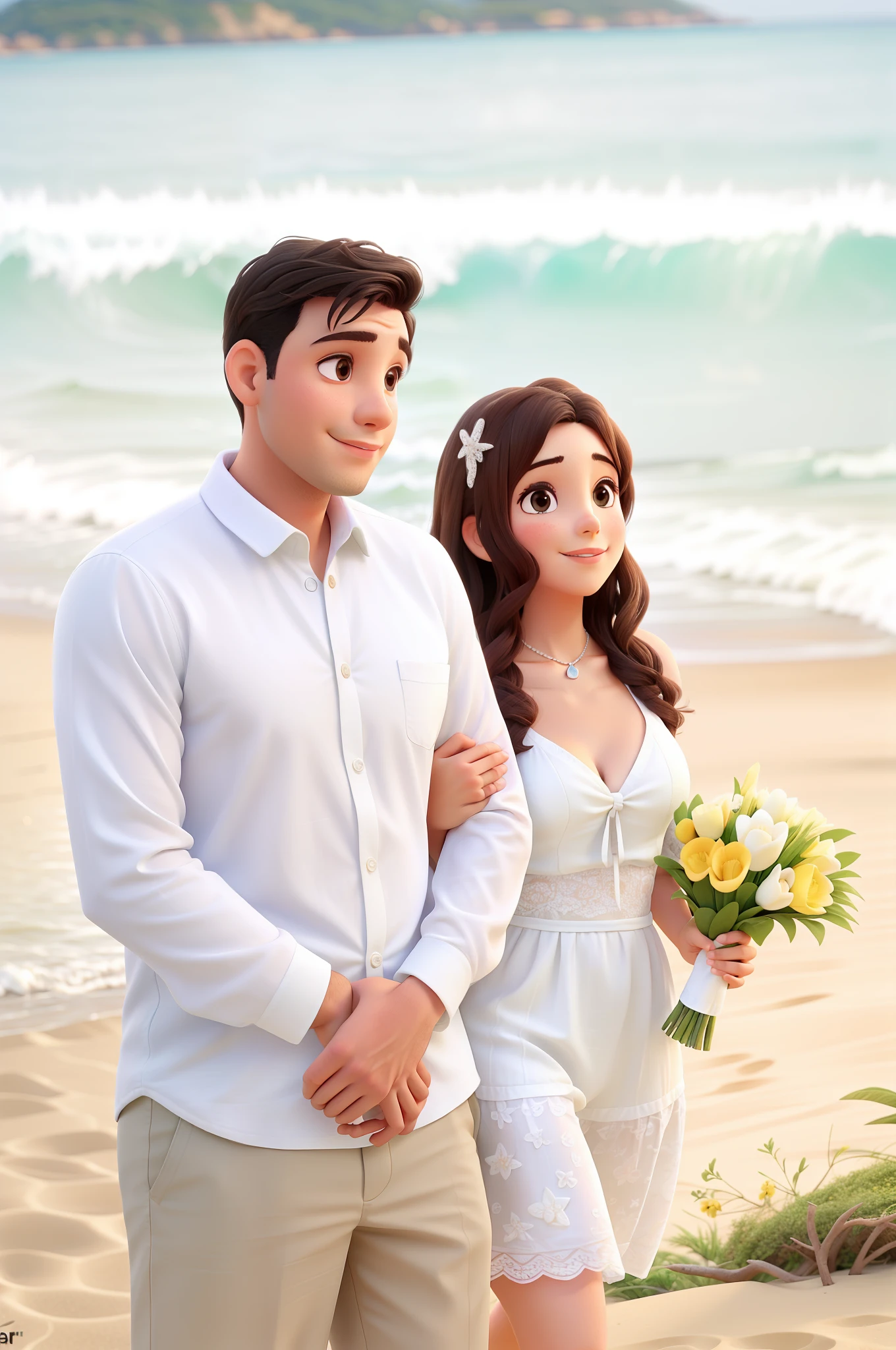 Um casal apaixonado na praia com o mar ao fundo