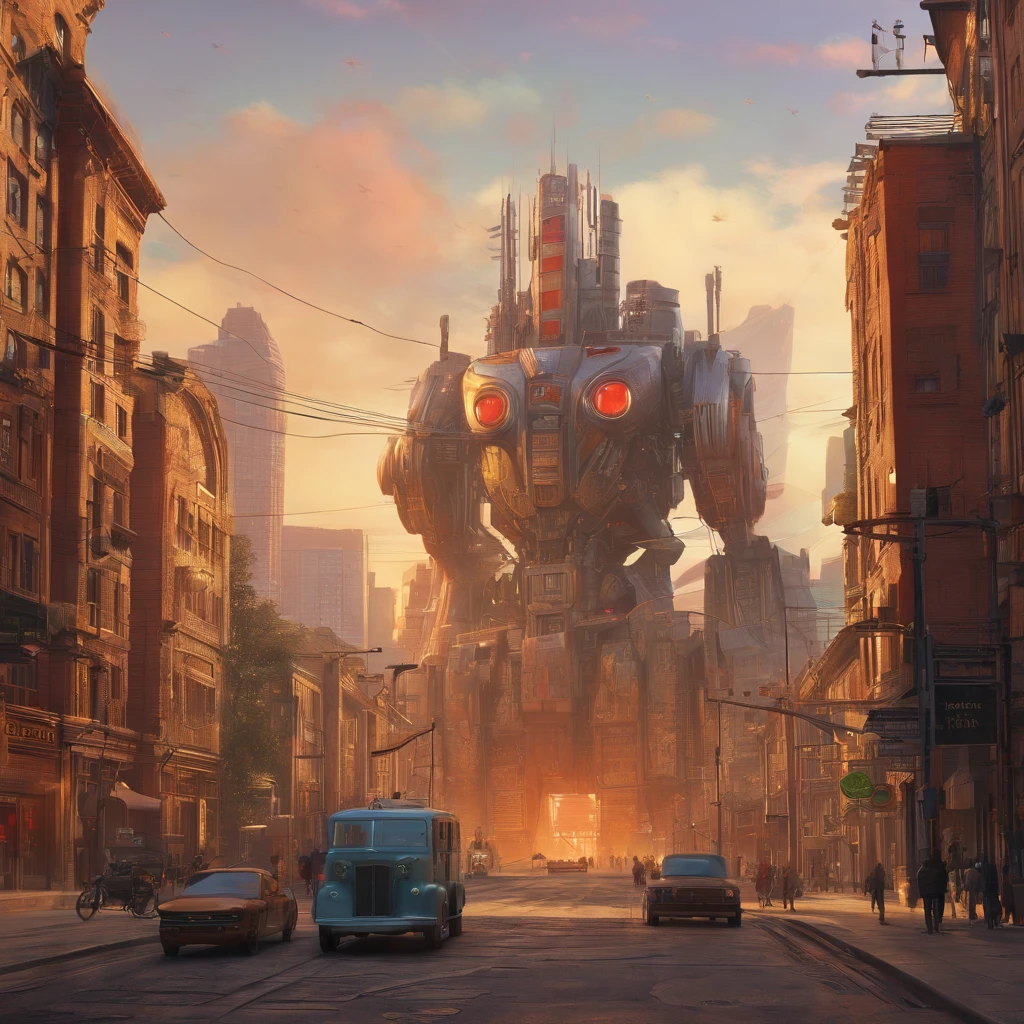 There is a painting of a futuristic city with a giant robot head, non-human face, Peter Gric e Dan Mumford, beksiński and james jean, Michael Whelan e a Pixar, Justin Gerard e Greg Rutkowski, Estilo por Daniel Merriam, Andreas Rocha e John Howe , Weta Studio e James Jean, Larry MacDougall