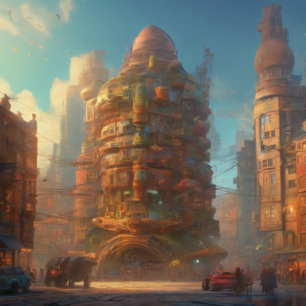 There is a painting of a futuristic city with a giant robot head, non-human face, Peter Gric e Dan Mumford, beksiński and james jean, Michael Whelan e a Pixar, Justin Gerard e Greg Rutkowski, Estilo por Daniel Merriam, Andreas Rocha e John Howe , Weta Studio e James Jean, Larry MacDougall