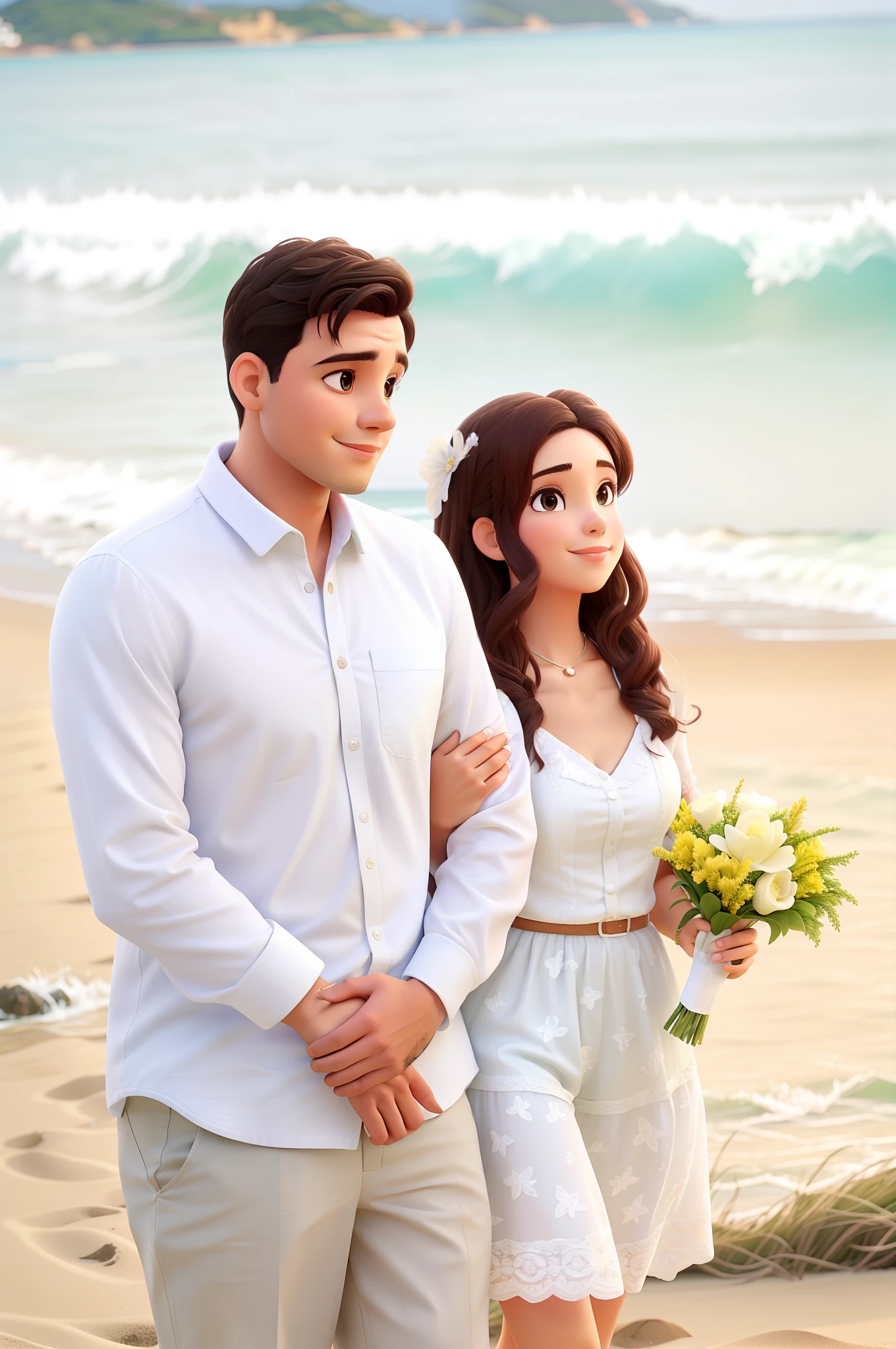 Um casal apaixonado na praia com o mar ao fundo