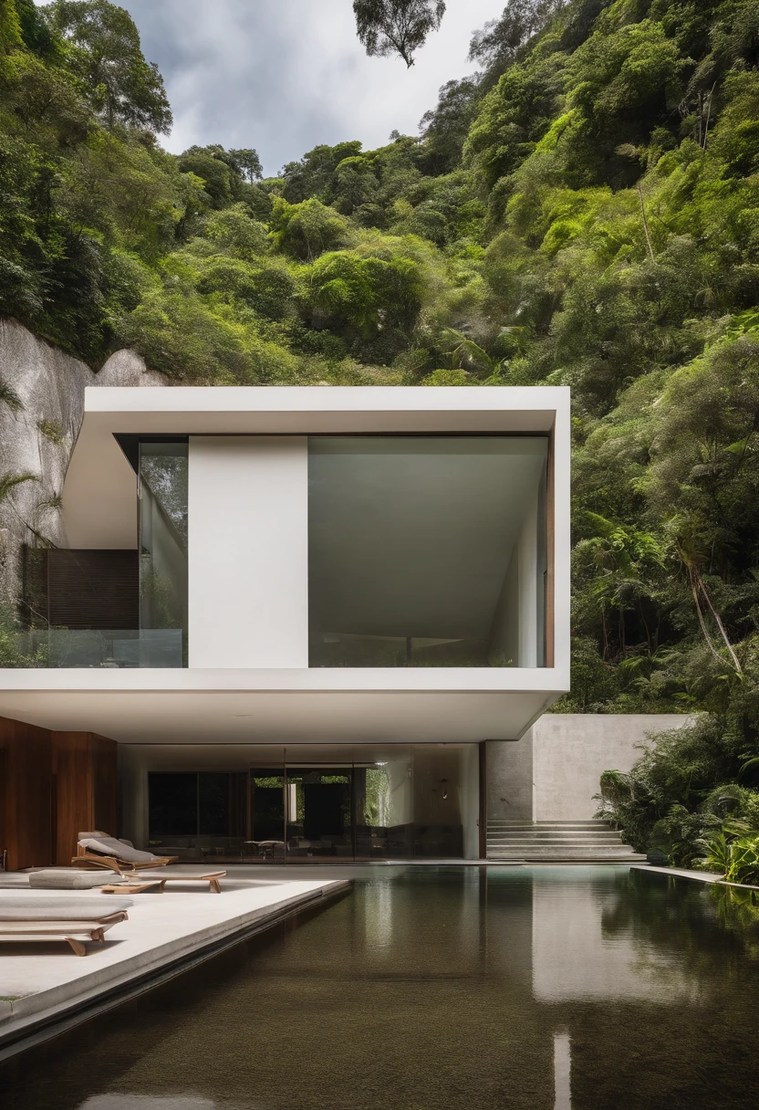 Casa de concreto moderna em cima de uma cachoeira, e selva densa em climas tropicais,hiper-realista,fotografia,melhor qualidade,extremamente completo detalhado,with an organic picsina,perpectiva.